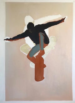 Believer, young figure skateboarding, oil painting on canvas, earth tones