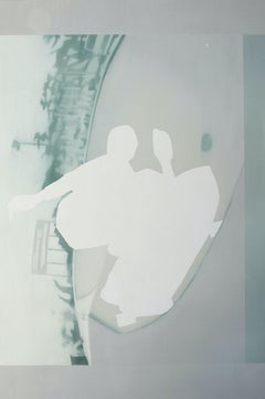 Edge, anonymous figure skateboarding, grey and blue oil painting on canvas