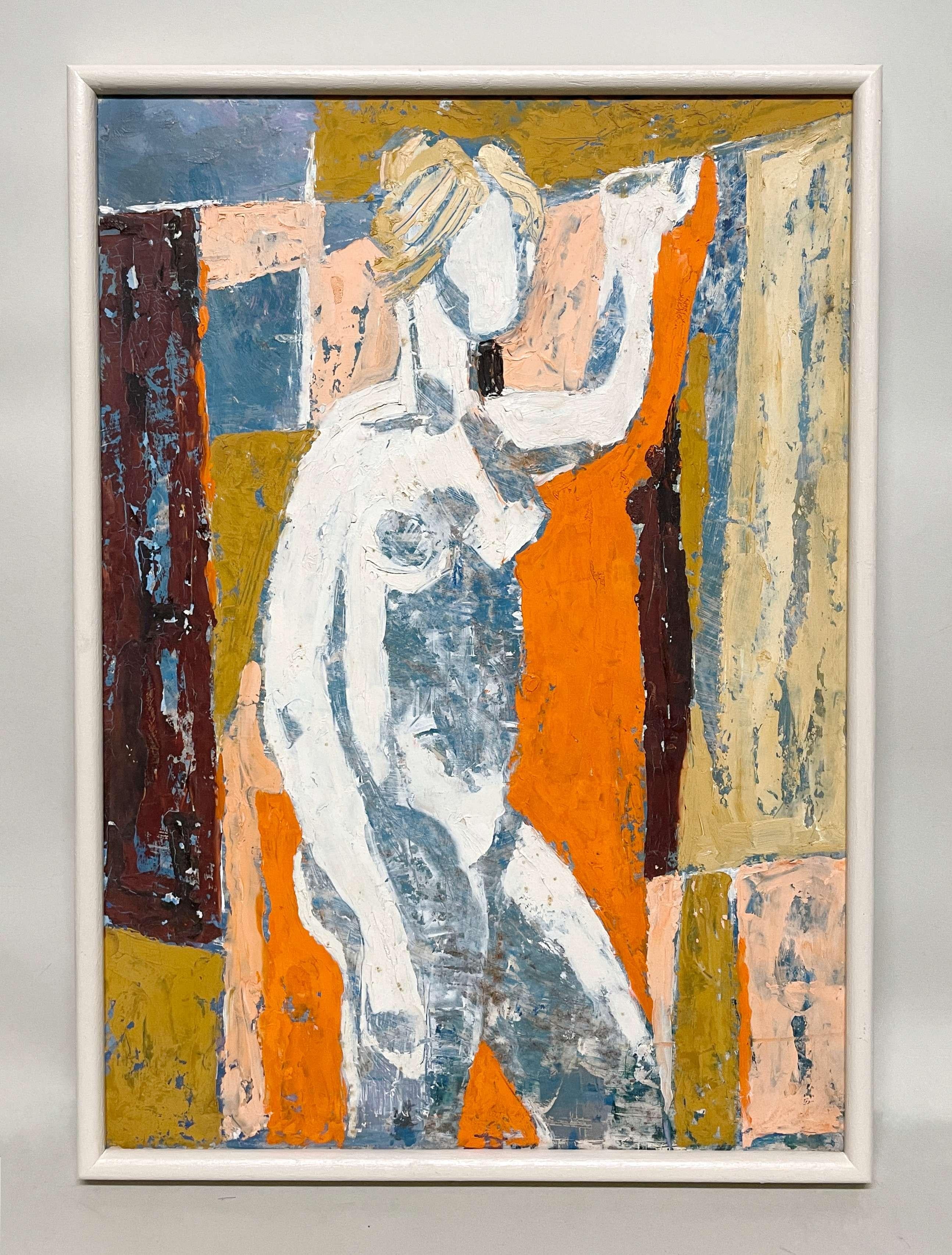 Una vibrante scena d'interno di uno studio moderno di metà secolo, un nudo in piedi, un'artista donna - Painting di Vivian Kinsley Chapin