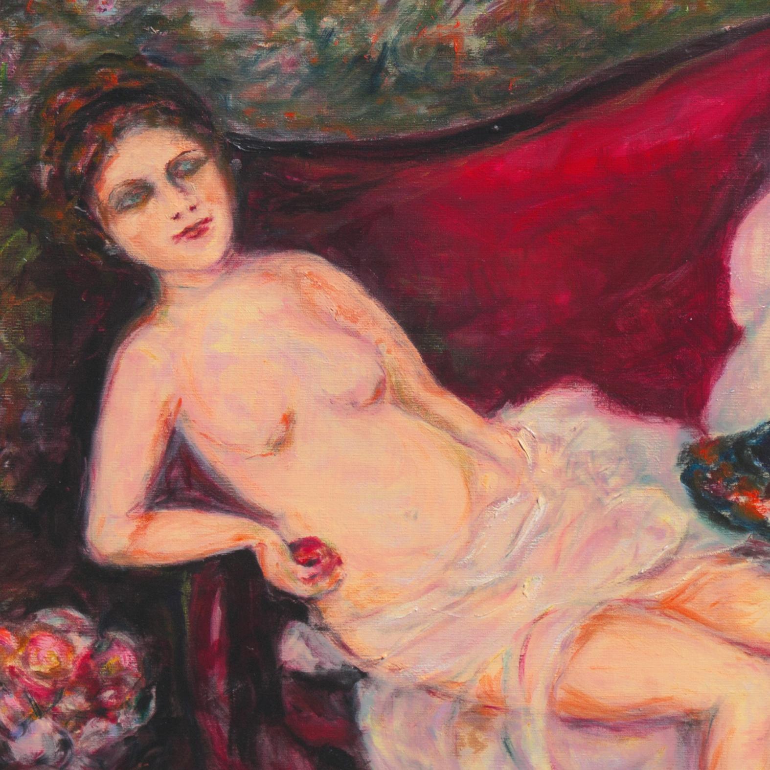 „Reclining Nude“, San Francisco, Künstlerin, großes postimpressionistisches Ölgemälde (Post-Impressionismus), Painting, von Vivian Ruth Huebler