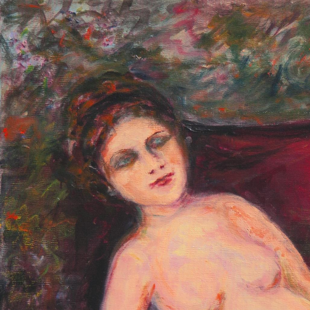 „Reclining Nude“, San Francisco, Künstlerin, großes postimpressionistisches Ölgemälde (Braun), Nude Painting, von Vivian Ruth Huebler