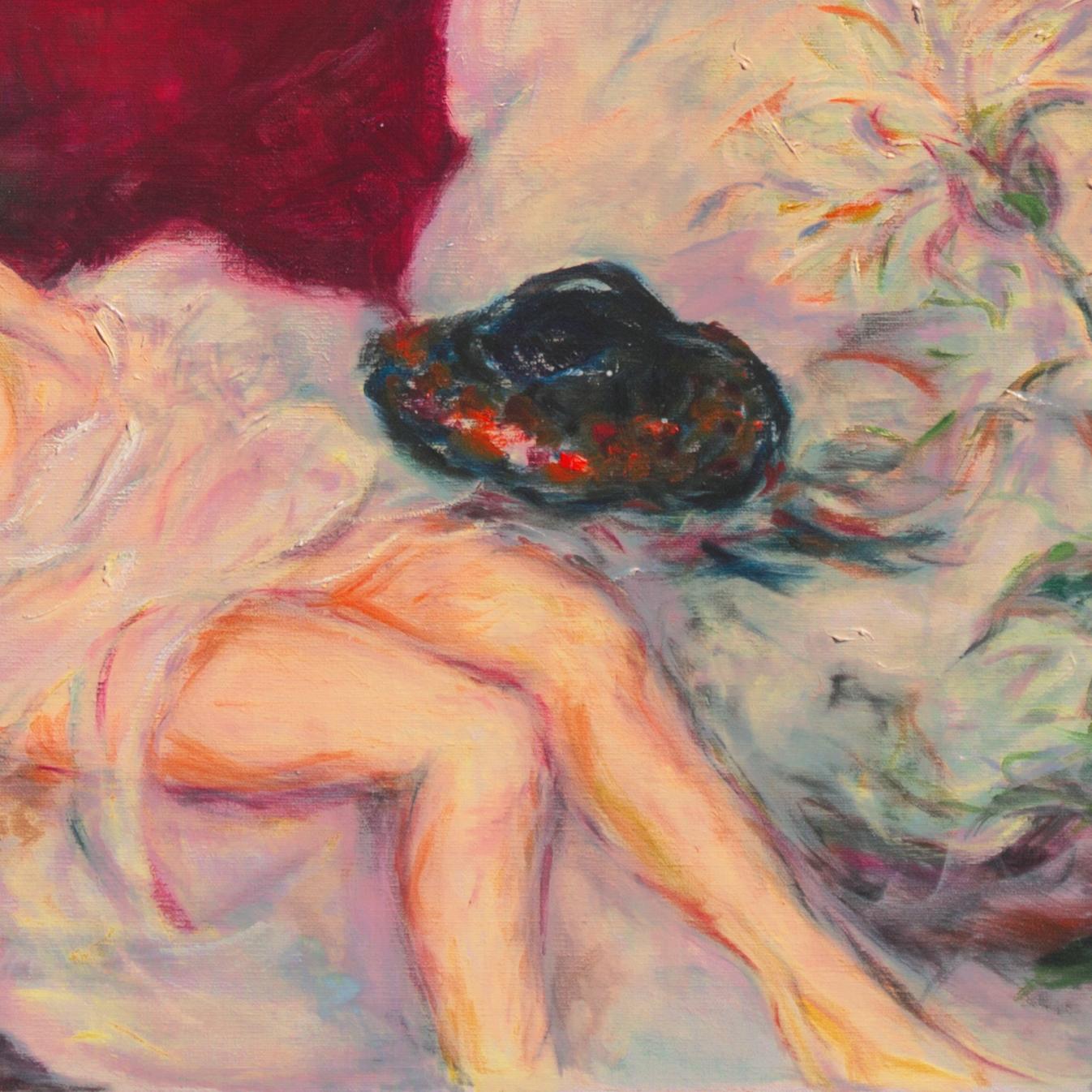 'Reclining Nude', San Francisco Woman Artist, Large Post-Impressionist Oil - Brown Nude Painting by Vivian Ruth Huebler
