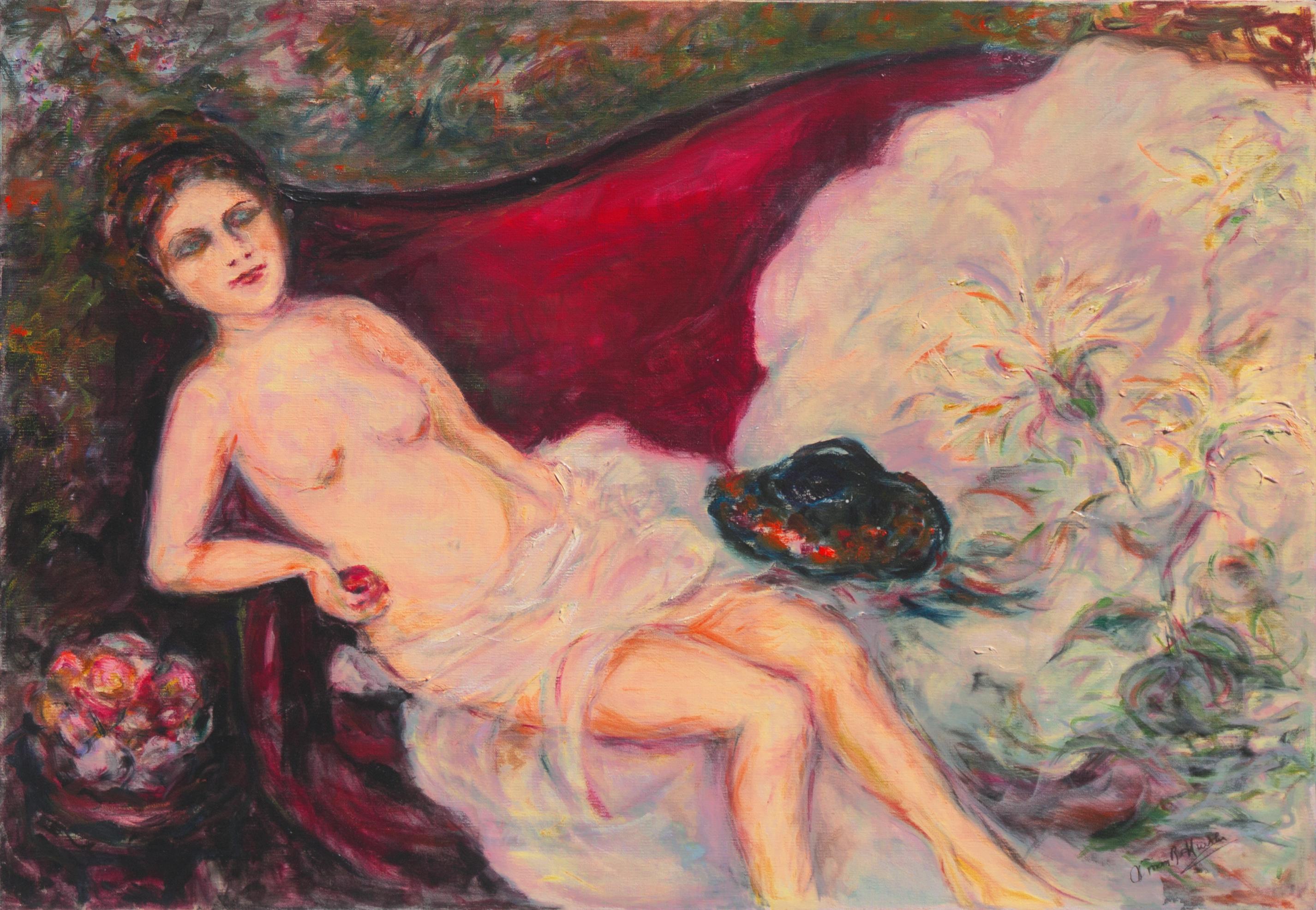 Vivian Ruth Huebler Nude Painting – „Reclining Nude“, San Francisco, Künstlerin, großes postimpressionistisches Ölgemälde