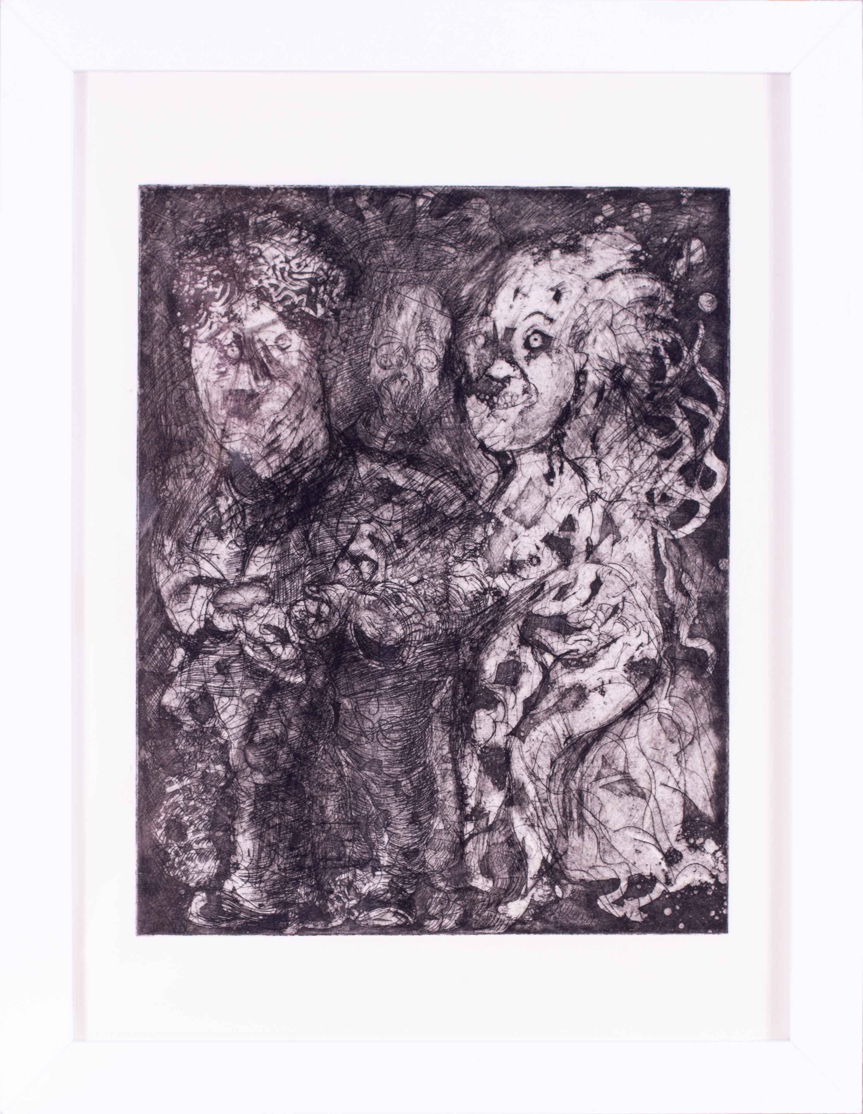 Vivian Stanshall (1943–1995)
Strange Company
Etching
Signed 'Vivian' on the reverse

Strange Company is a rare and compelling etching by Vivian Stanshall, showcasing the inventive imagination and eccentric visual language for which he became