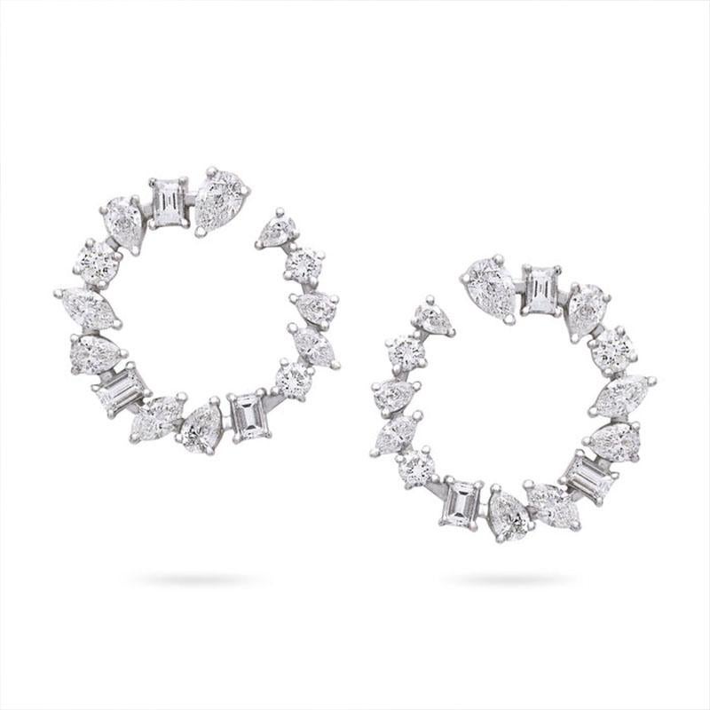 Modern Radiant Cluster 18K White Gold Mixed Diamonds Circle Earrings For Sale