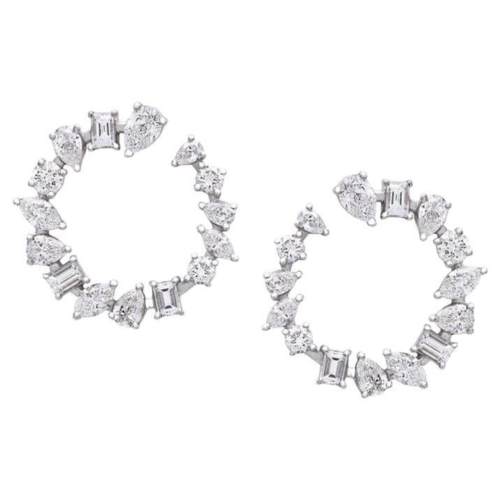 Radiant Cluster 18K White Gold Mixed Diamonds Circle Earrings For Sale