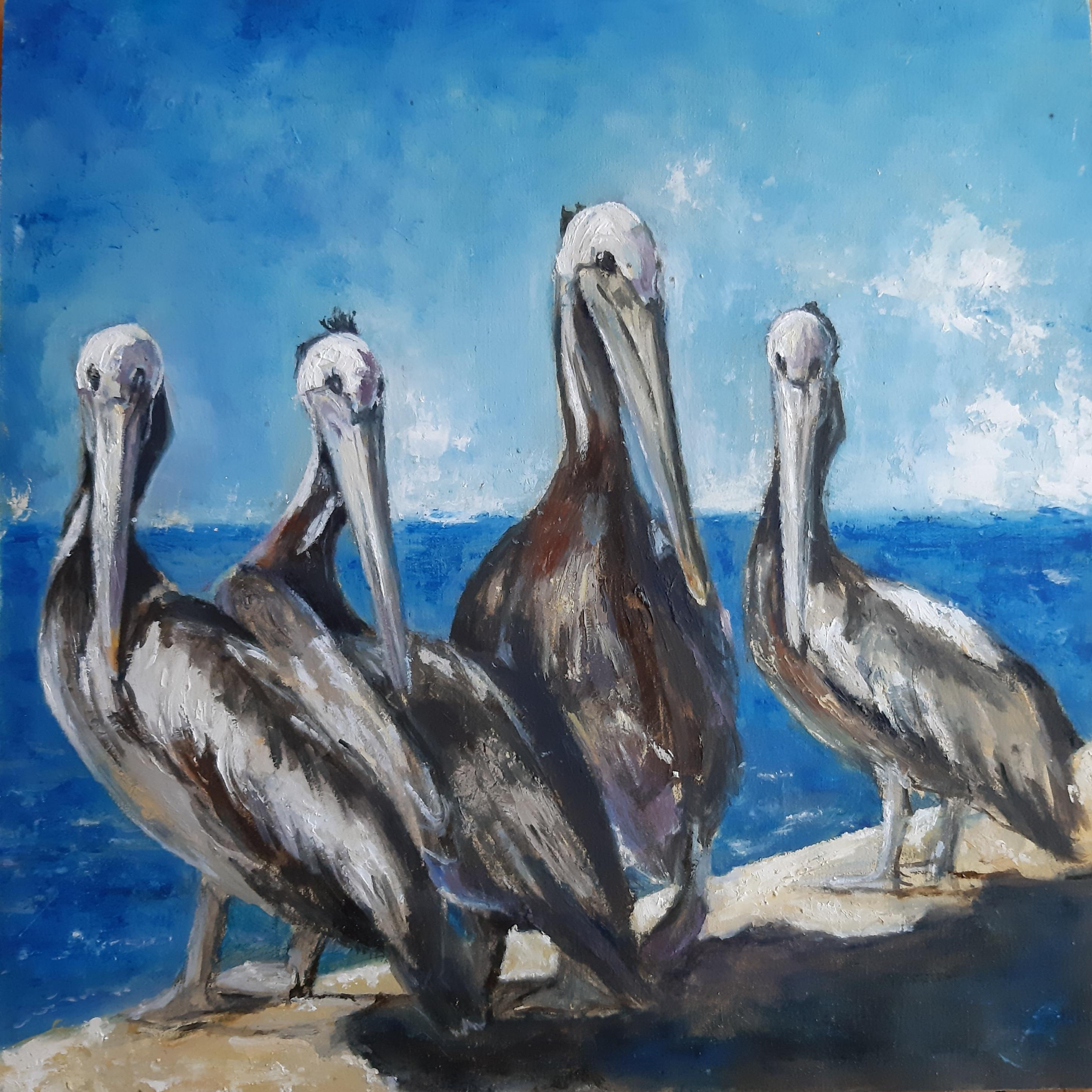 Viviana Osvaldo Cid Animal Painting - Pelicans, Chilean Artist, Birds, Coastal Art, Small Paintings, Emerging Artist