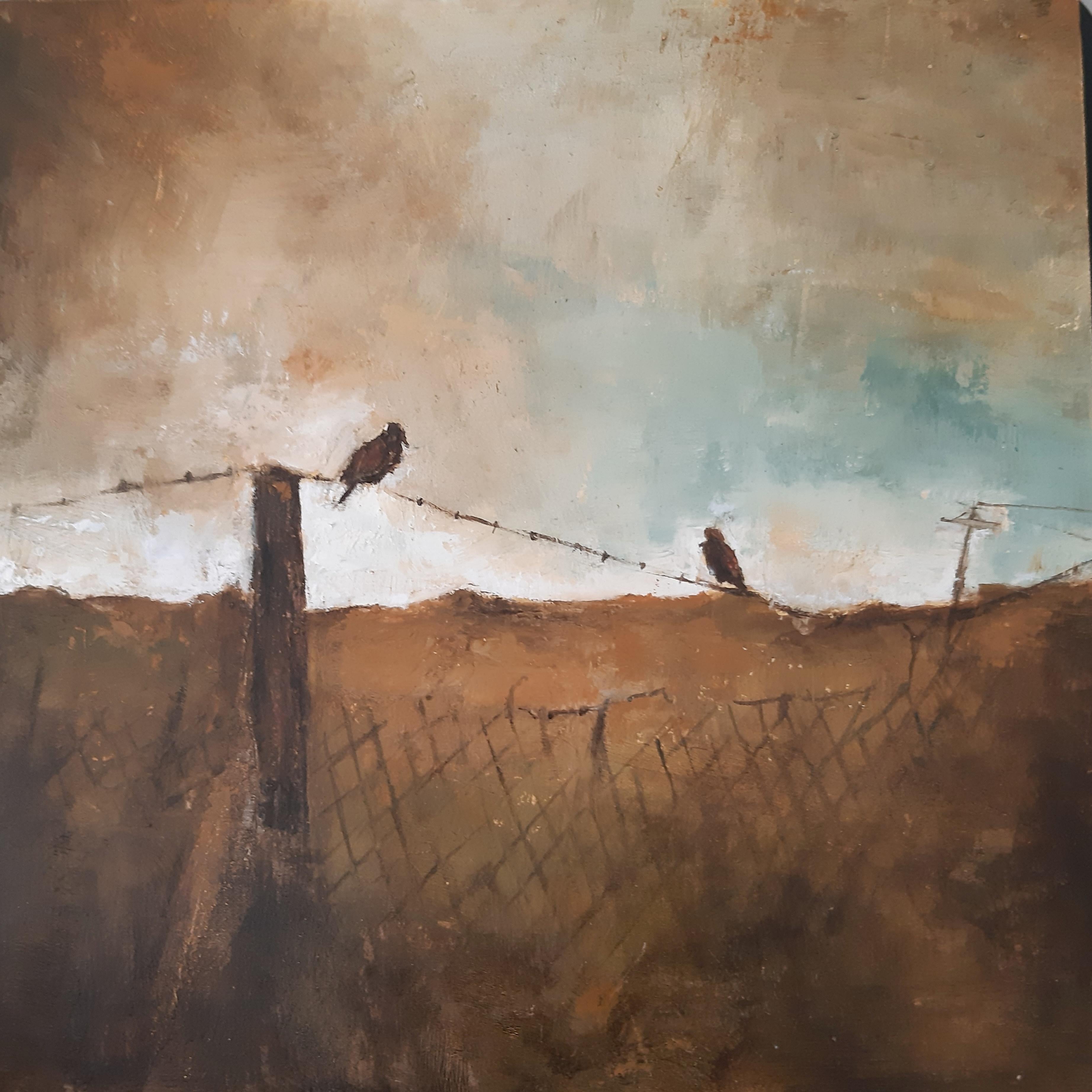 Viviana Osvaldo Cid Abstract Painting - Birds on a Wire, Bird Paintings, Oil , Emerging Artist, Chilean Artist, Nature