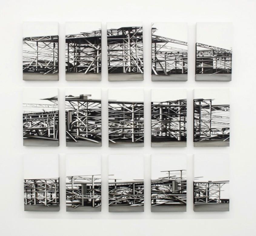 “Palais des Machines”, 15 pieces, 2011, Canvas, Acrylic Paint, Painting  - Gray Landscape Painting by Viviana Zargón