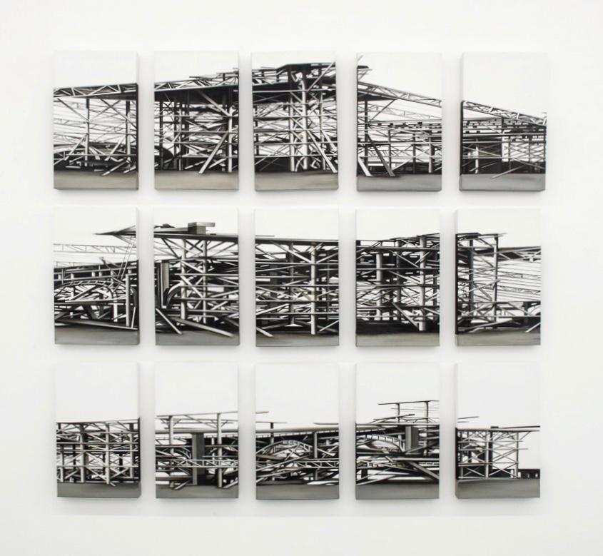 “Palais des Machines”, 15 pieces, 2011, Canvas, Acrylic Paint, Painting - Gray Landscape Painting by Viviana Zargón