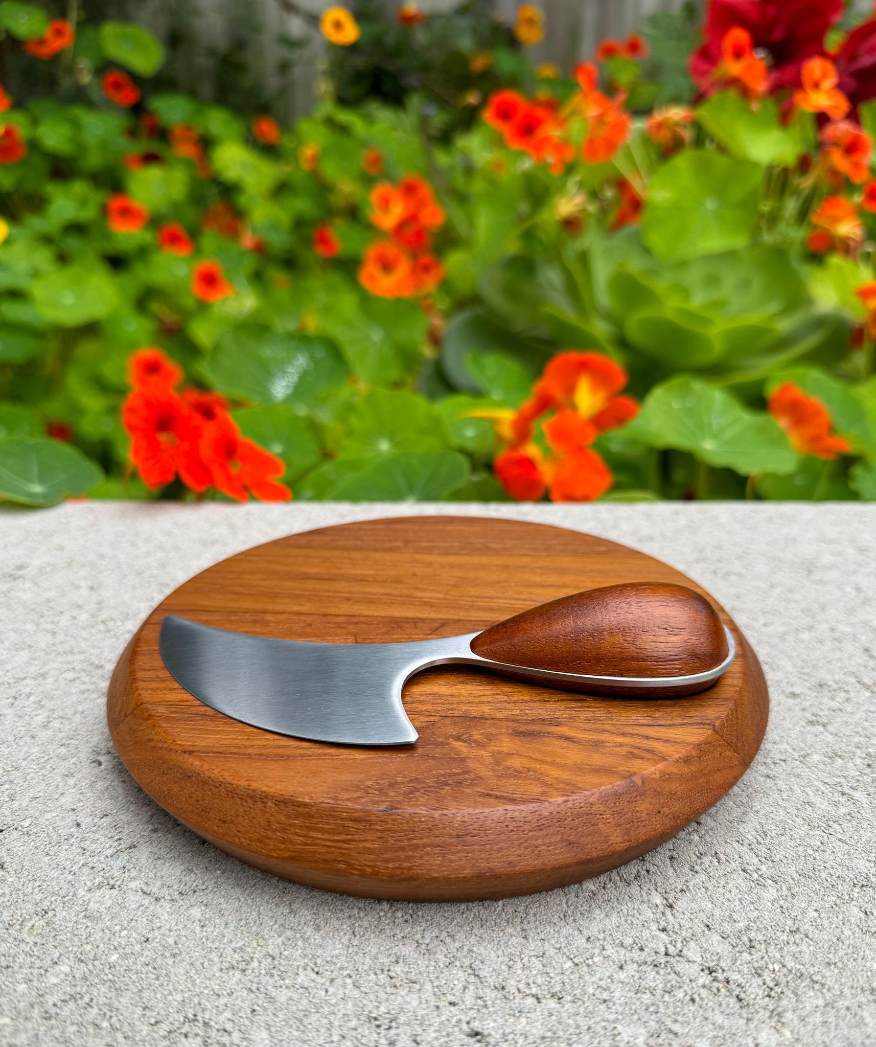 Vivianna Torun Dansk Round Staved Teak Cheese Board W/ Knife, Denmark, 1960's. 