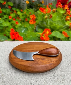 Vivianna Torun Dansk Round Staved Teak Cheese Board W/ Knife, Denmark, 1960's