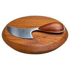 Vivianna Torun Dansk Round Staved Teak Cheese Board W/ Knife, Denmark, 1960's 