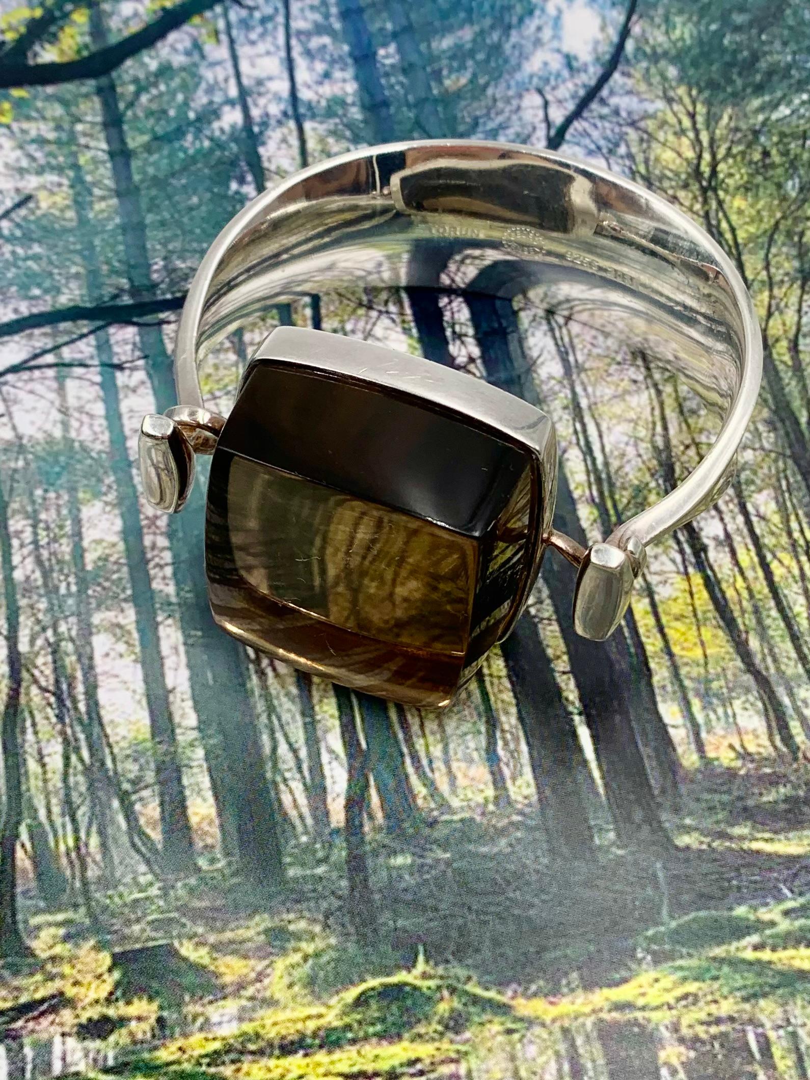 Modernist Vivianna Torun for Georg Jensen Large Smoky Quartz Sterling Silver Bracelet 1968 For Sale