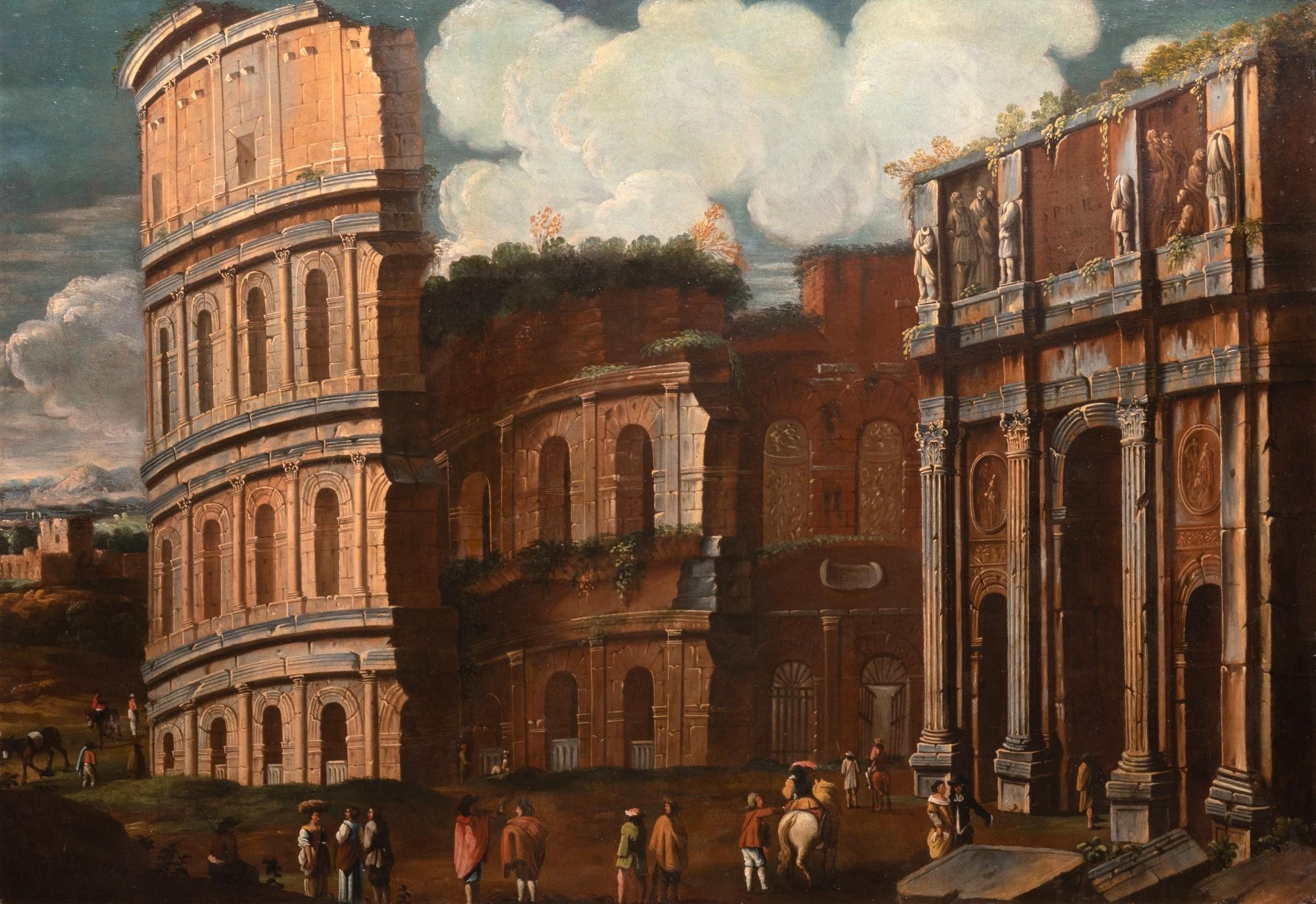 A 17th c. Italian school, Capriccio with the Colosseum, circle of V. Codazzi - Painting by Viviano Codazzi