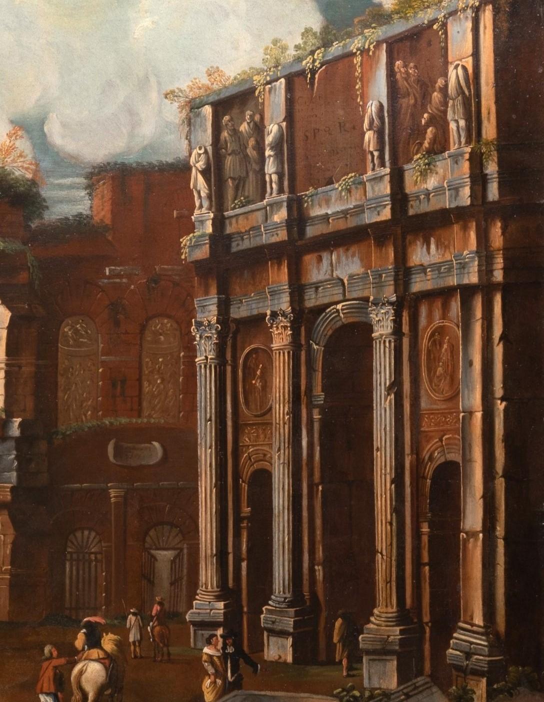 Un bâtiment du 17e s. École italienne, Capriccio avec le Colosseum, cercle de V. Codazzi - Maîtres anciens Painting par Viviano Codazzi