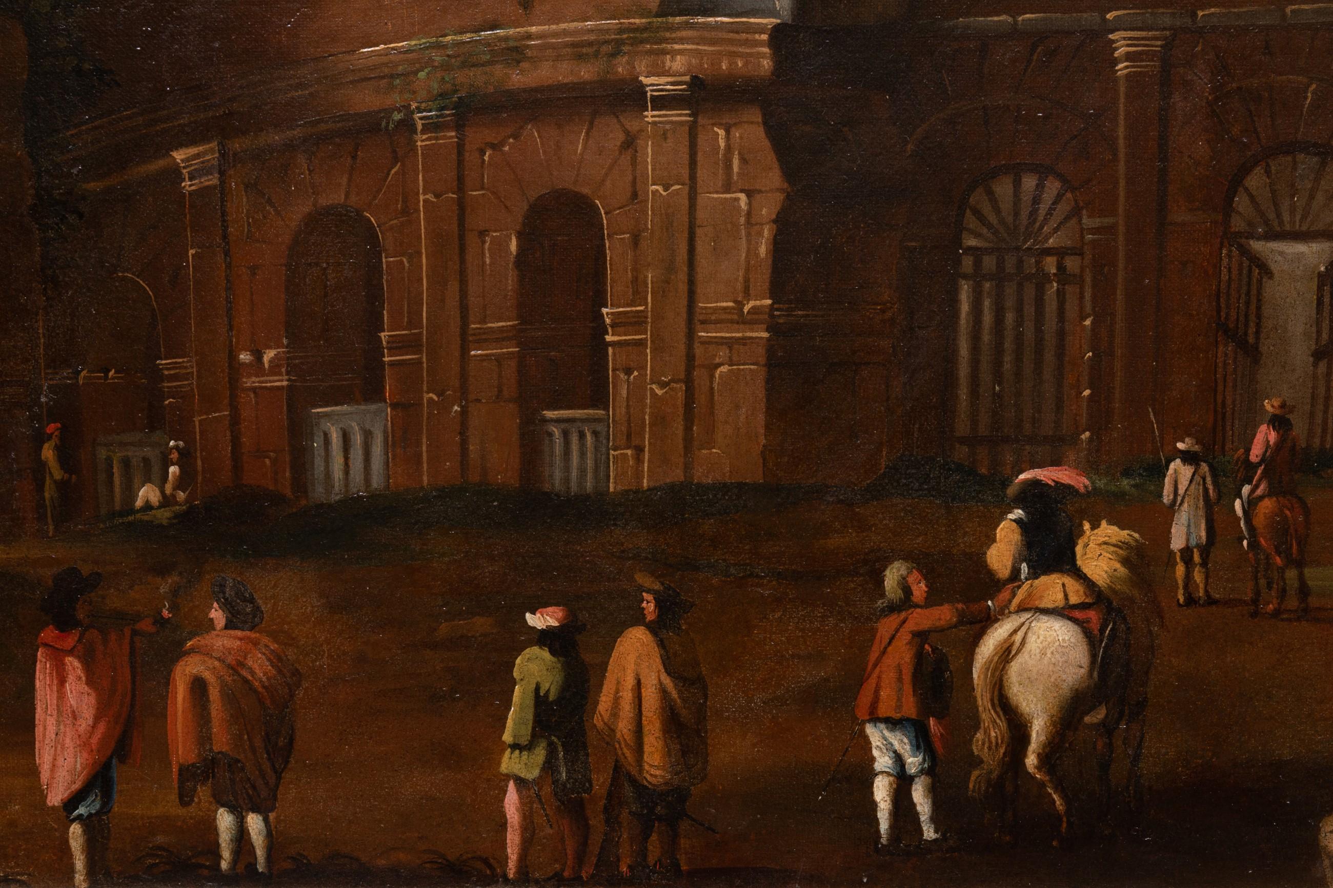 A 17th c. Italian school, Capriccio with the Colosseum, circle of V. Codazzi - Brown Figurative Painting by Viviano Codazzi