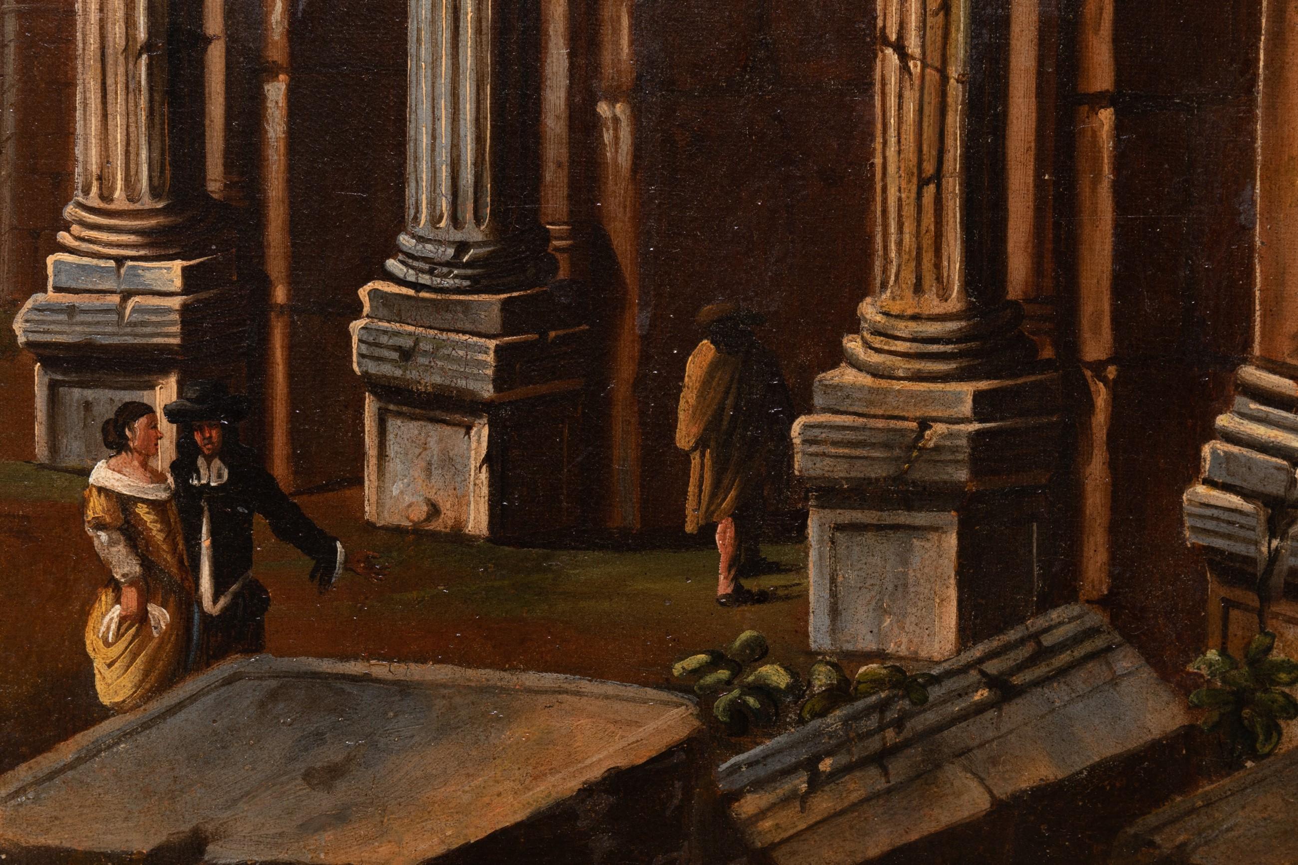 A capriccio with the Colosseum in Roma
17th century Italian school
Circle of Viviano Codazzi (1604-1670)
Oil on canvas
Dimensions: h. 35.43 in, w. 51.18 in
Modern 17th century style frame with “a la Berain” decor
Framed dimensions: h. 40.94 in, w.