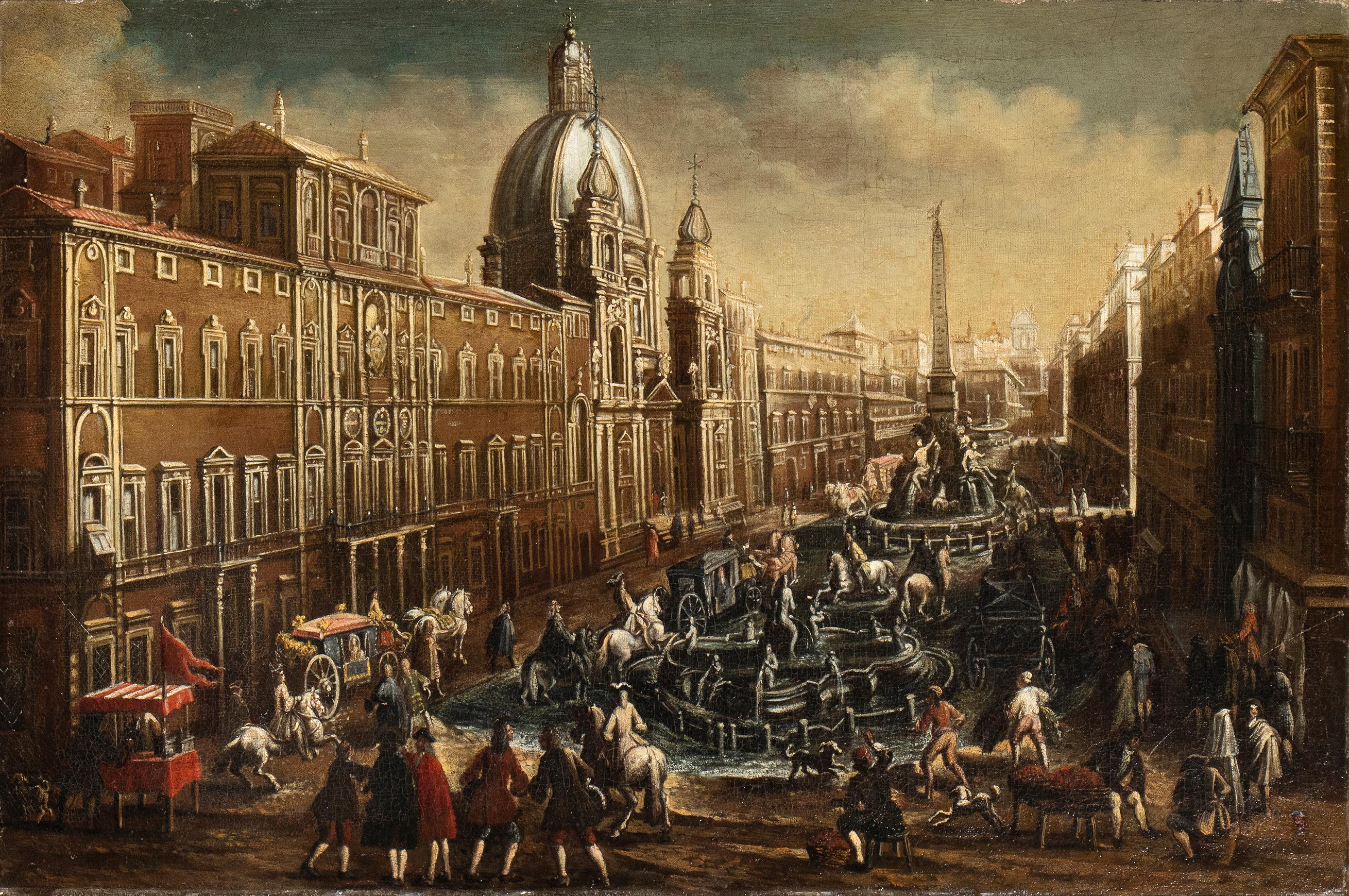 Paesaggio dipinto ad olio Veduta di Piazza Navona Seguace di Viviano Codazzi 18° secolo 1
