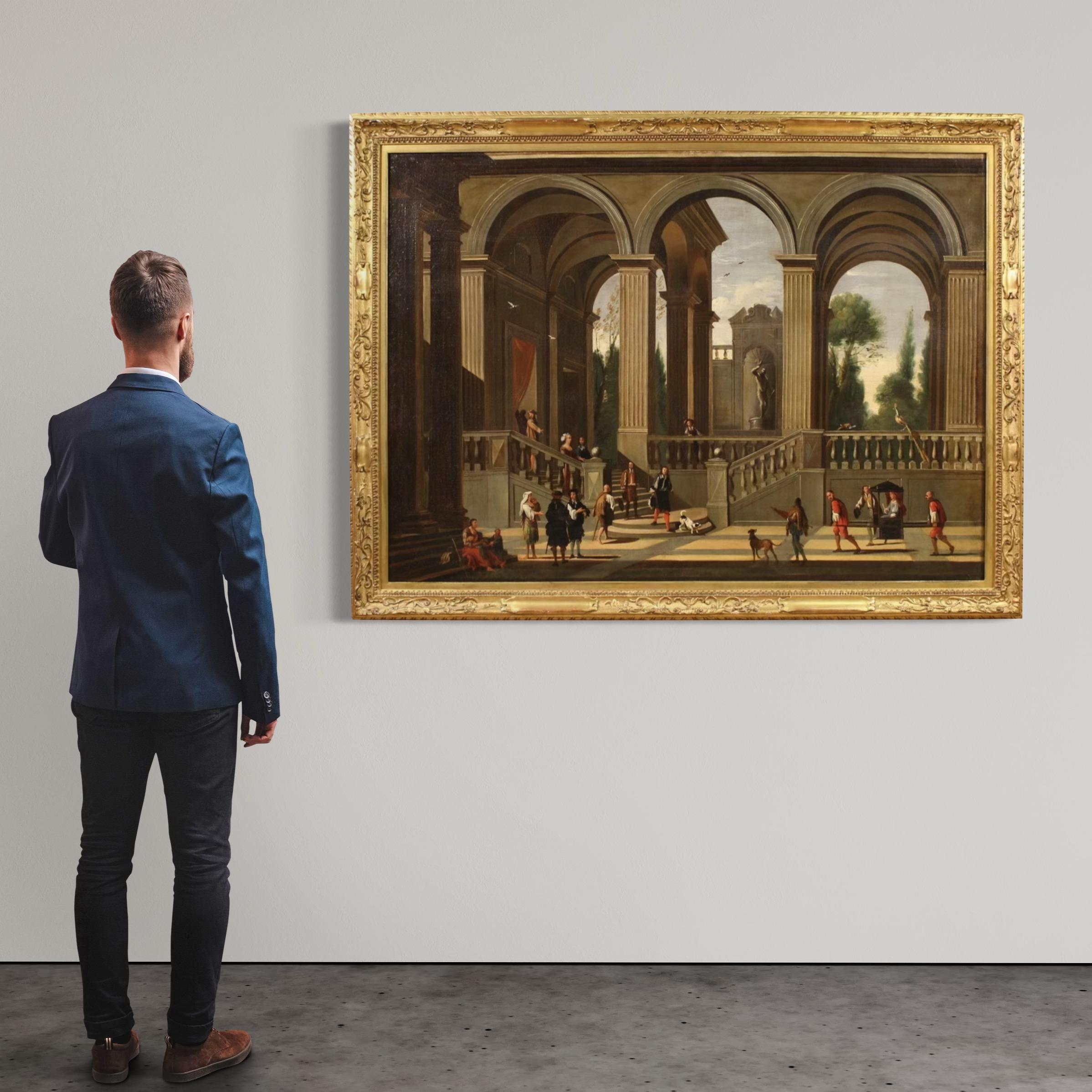 17th Century Oil on Canvas Italian Landscape Architectural Capriccio Painting - Black Landscape Painting by Viviano Codazzi and Domenico Gargiulo