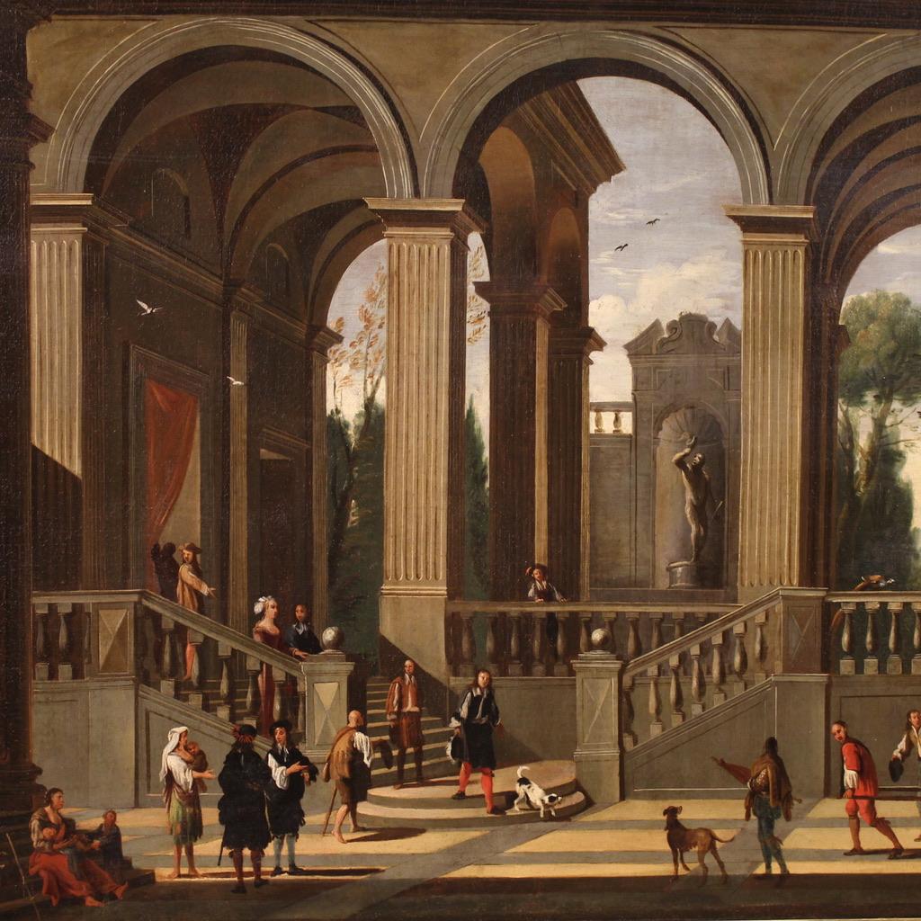 Large 17th-century Italian painting. Oil on canvas artwork depicting a splendid architectural capriccio with figures, of remarkable pictorial quality. The painting features a grandiose Baroque architecture, built on a system of successive arches,