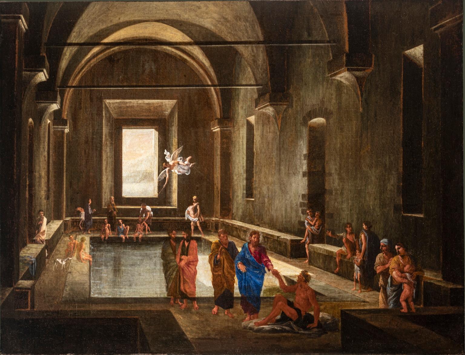 Italian Baroque religious figurative painting of the 17th century oil on canvas - Painting by Viviano Codazzi and Domenico Gargiulo