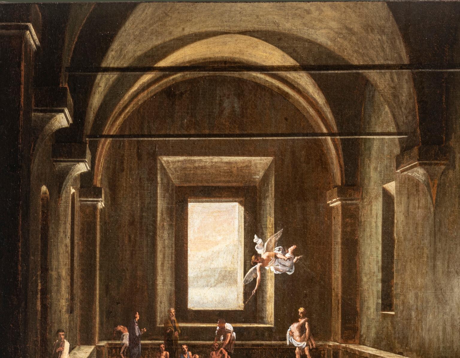 Peinture à l'huile sur toile 52 x 68 cm, avec  cadre en bois doré, 58 x 75 cm.
est l'œuvre du couple de peintres Viviano Codazzi (Valsassina 1603-Roma 1670), spécialisé comme quadraturiste et paysagiste, et Domenico Gargiulo dit Micco Spadaro