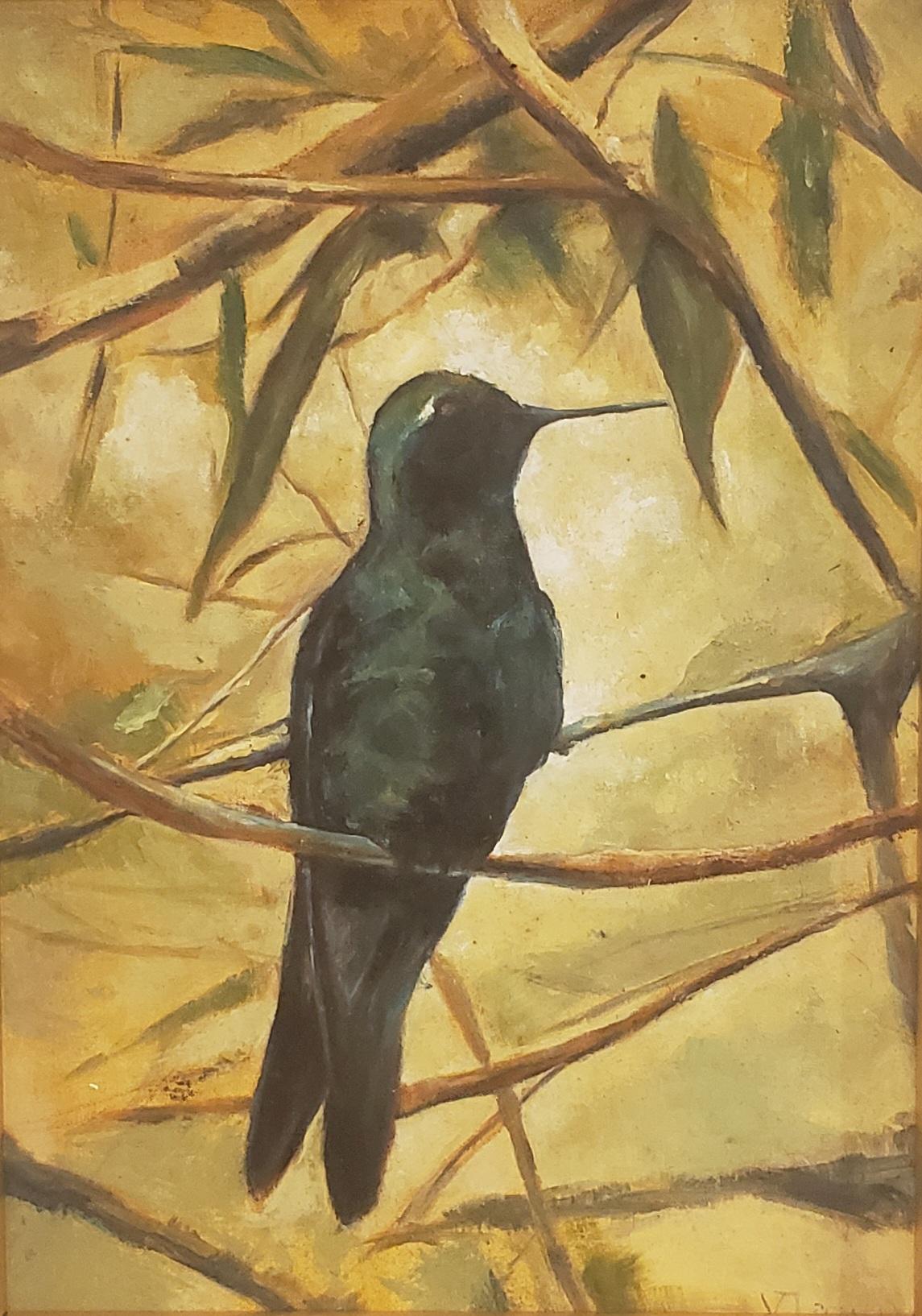 The Visit, artiste chilien émergent, peinture à l'huile, encadrée, 35,5 x 25,4 cm, Oiseau