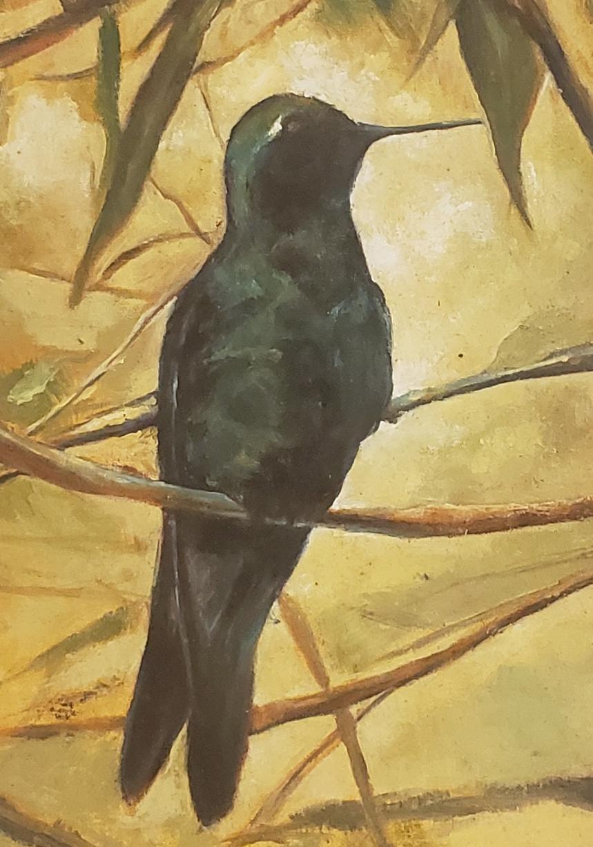 Der Besuch der Amsel Austral Chilenischer Künstler, im Entstehen begriffen,  Gerahmt 14x10, Vogel (Impressionismus), Painting, von Viviano Ovaldo Cid