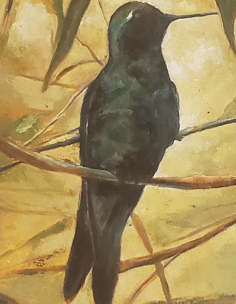 Der Besuch der Amsel Austral Chilenischer Künstler, im Entstehen begriffen,  Gerahmt 14x10, Vogel (Braun), Landscape Painting, von Viviano Ovaldo Cid