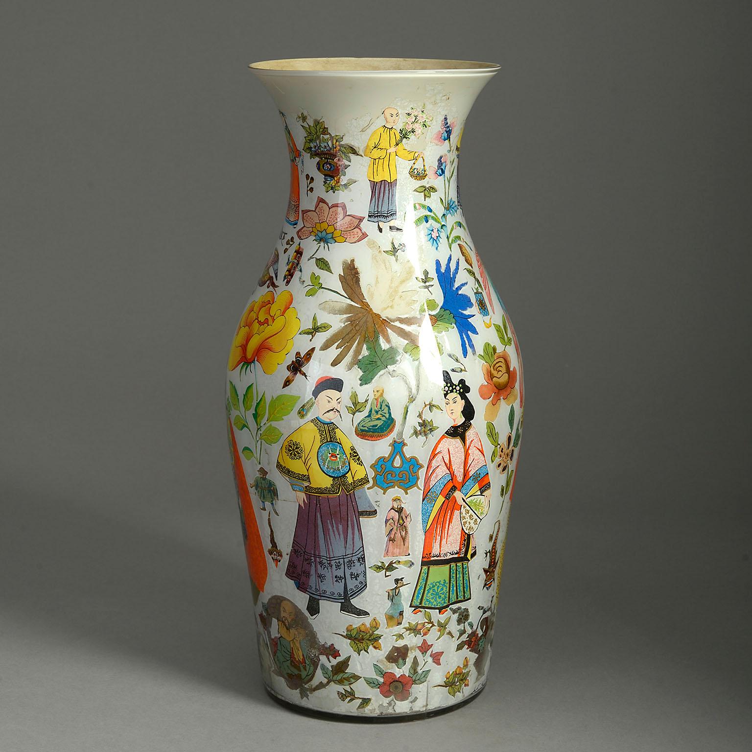 An exceptional mid-nineteenth century Decalcomania vase with brilliantly vivid hand-coloured chinoiseries upon a stone white ground.