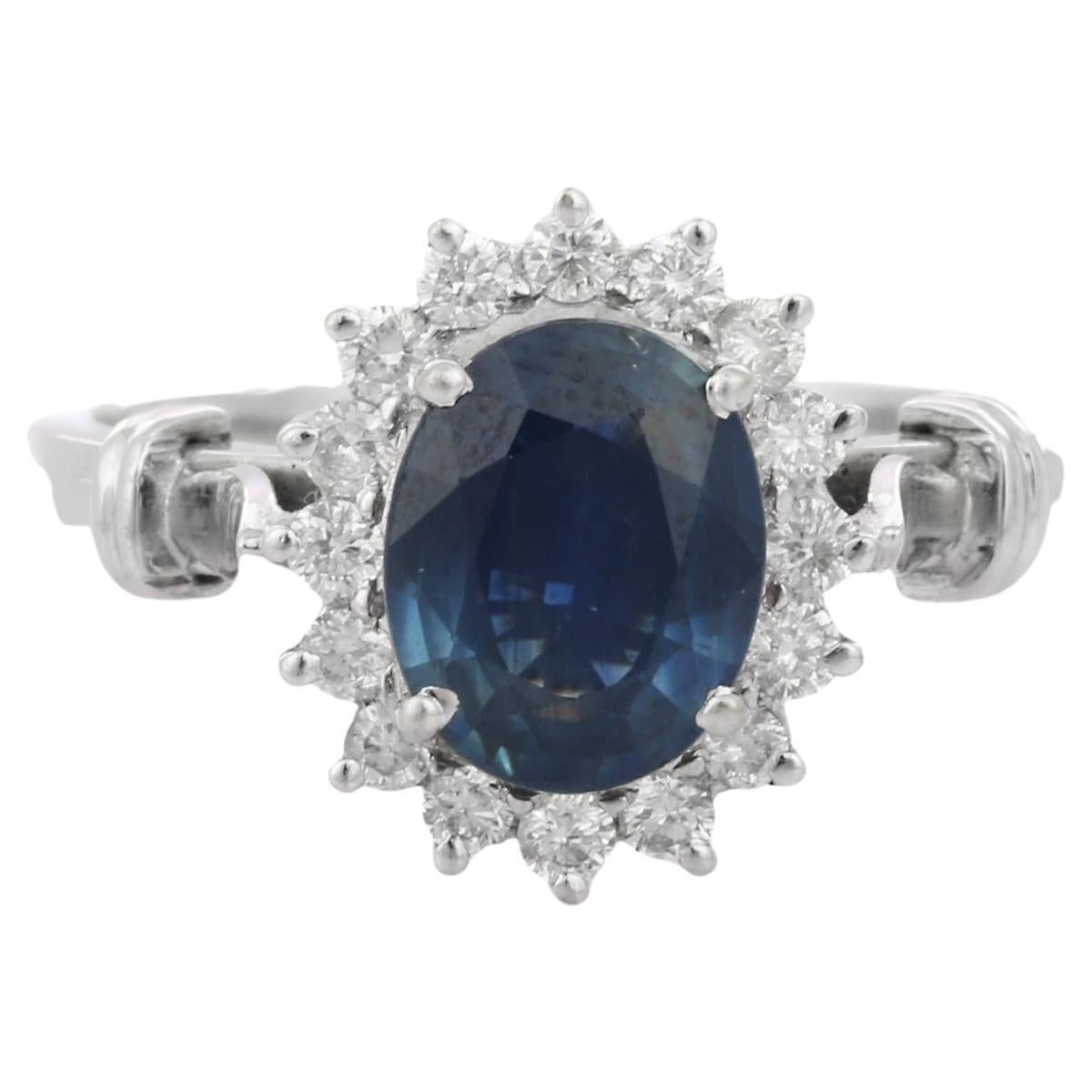For Sale:  Royal Deep Blue Sapphire Betwixt Diamond Engagement Ring in 18K White Gold