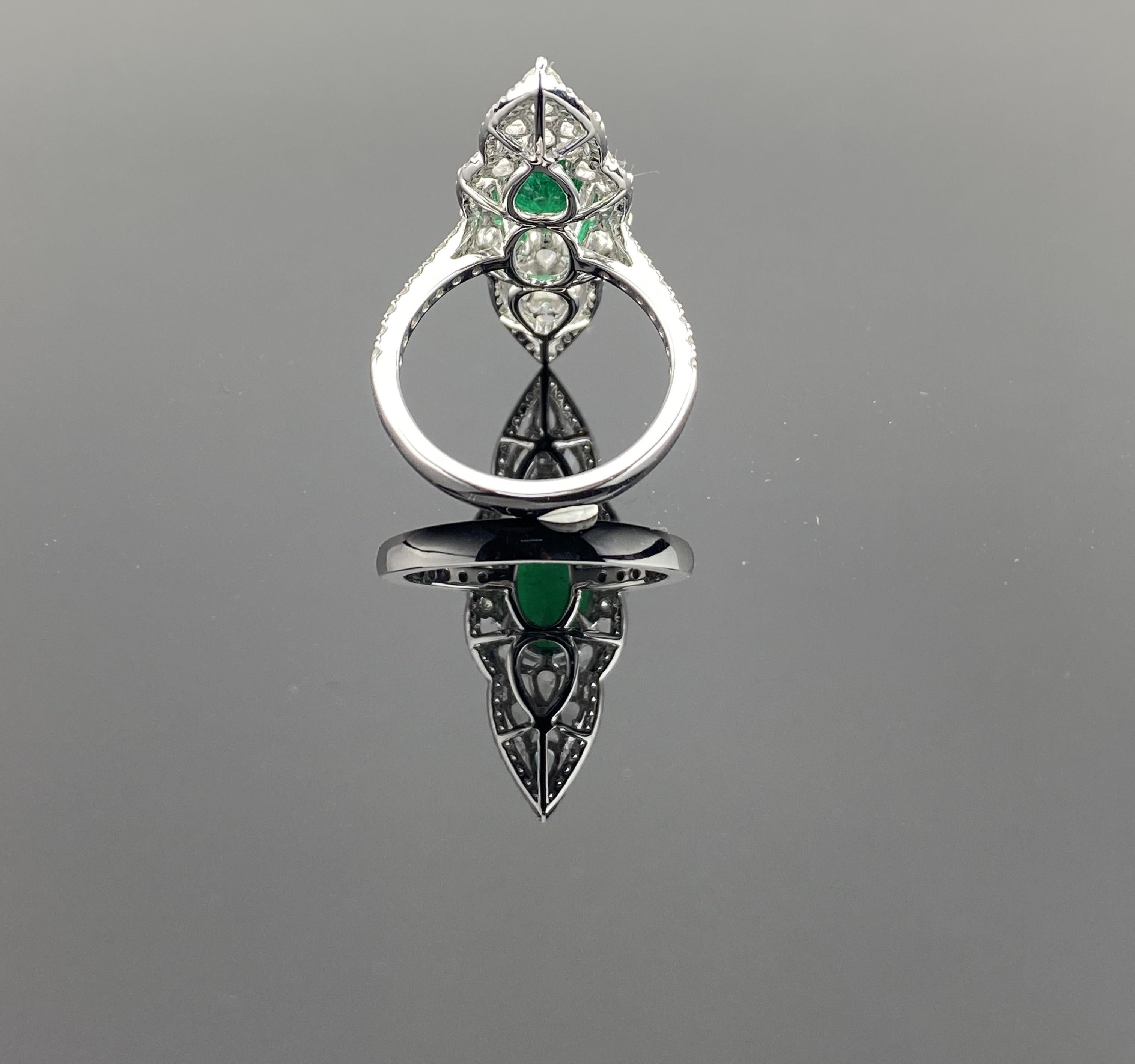 Vivid 3.11 Carat Emerald and Rosecut Diamond Cocktail Ring in 18K White Gold For Sale 6