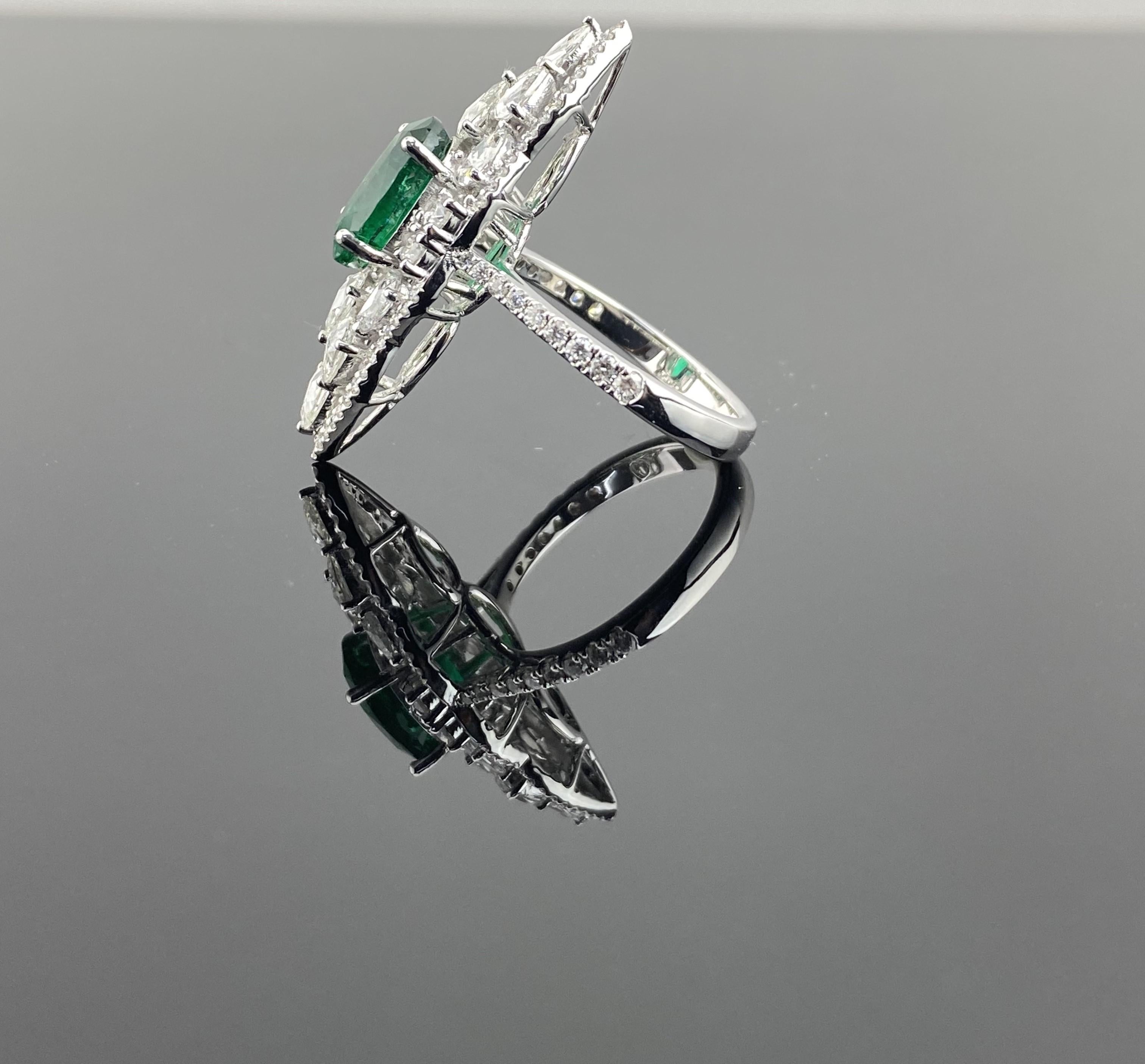 Vivid 3.11 Carat Emerald and Rosecut Diamond Cocktail Ring in 18K White Gold For Sale 7