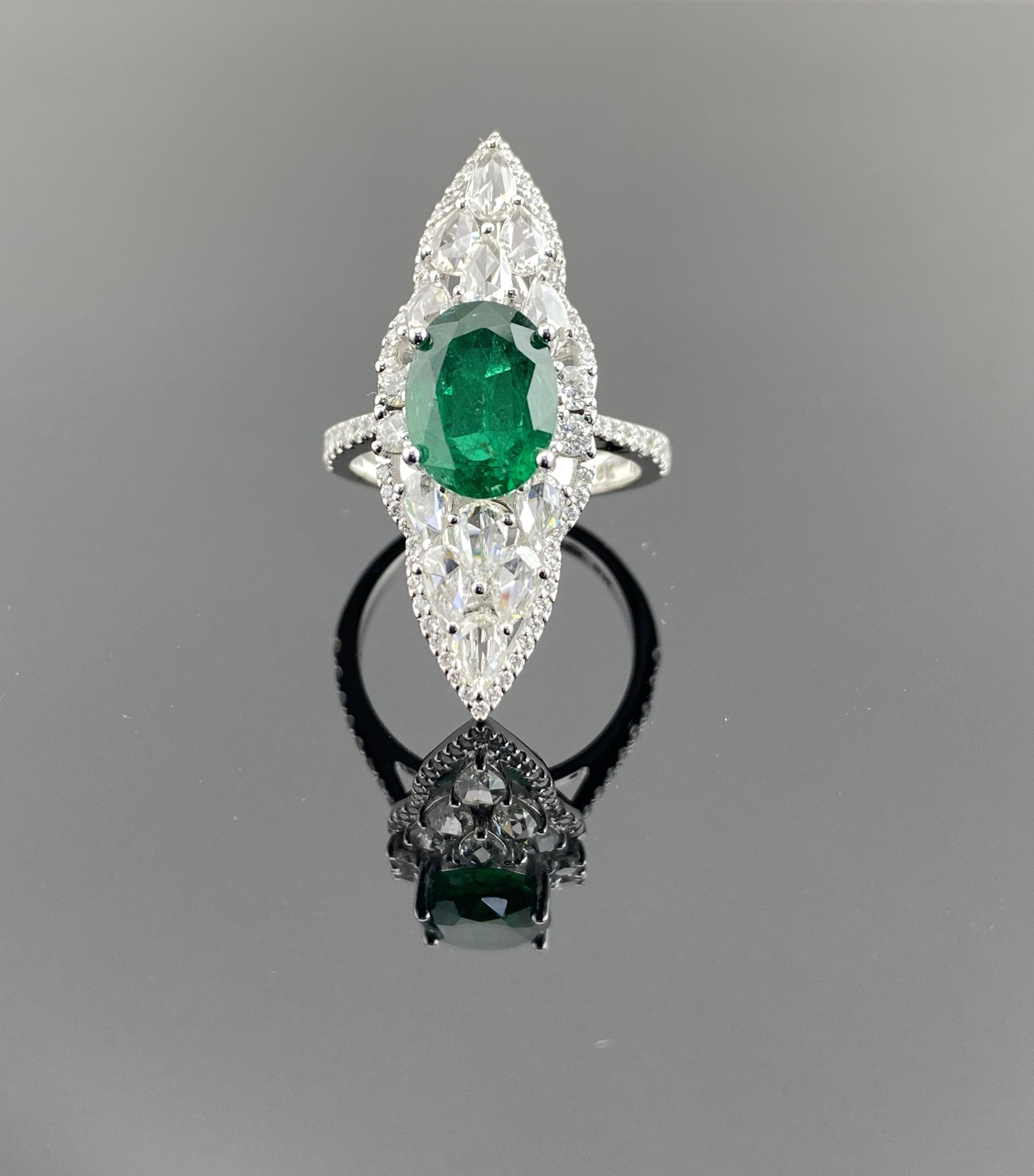 Vivid 3.11 Carat Emerald and Rosecut Diamond Cocktail Ring in 18K White Gold For Sale 8