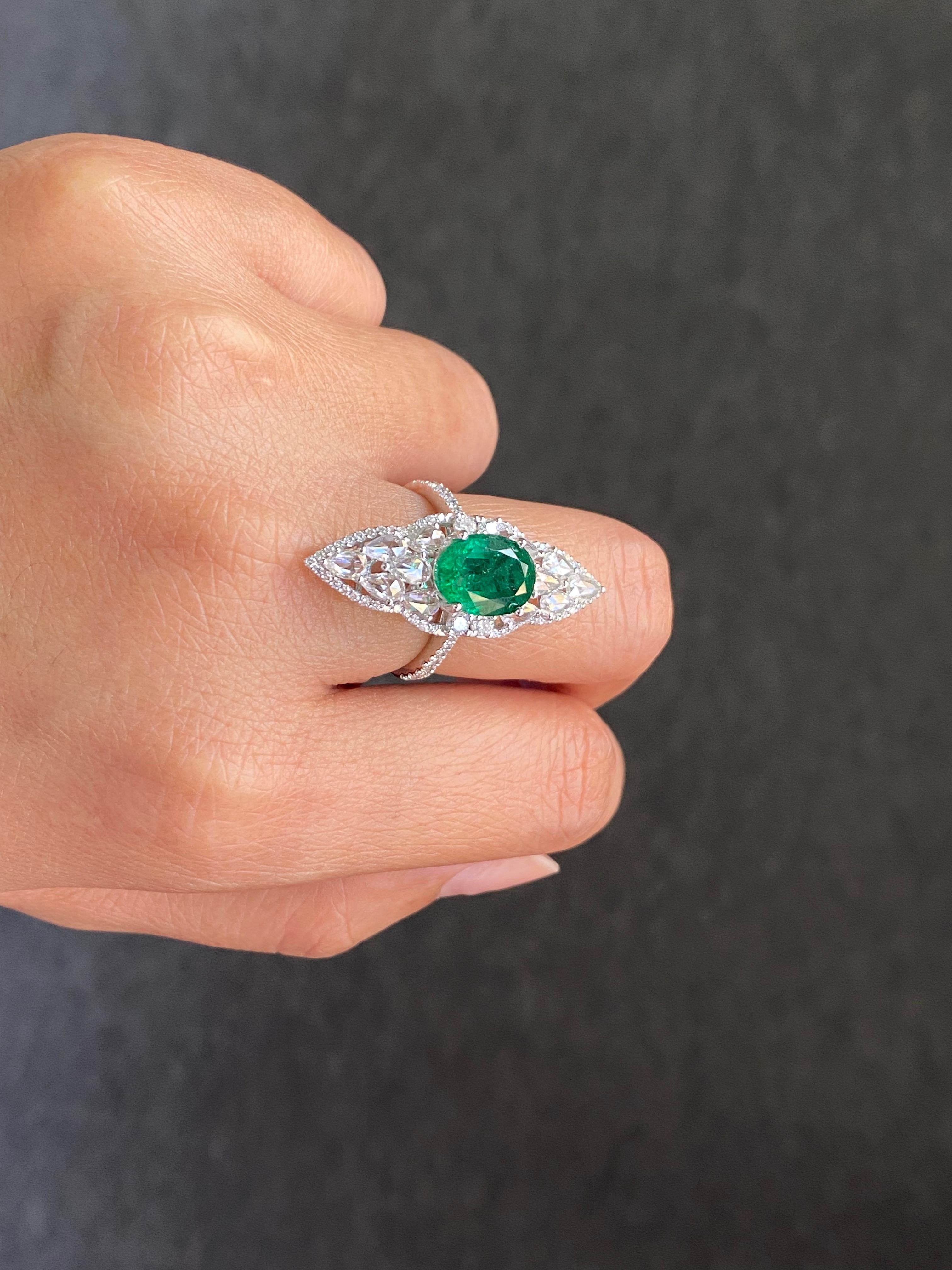 Modern Vivid 3.11 Carat Emerald and Rosecut Diamond Cocktail Ring in 18K White Gold For Sale