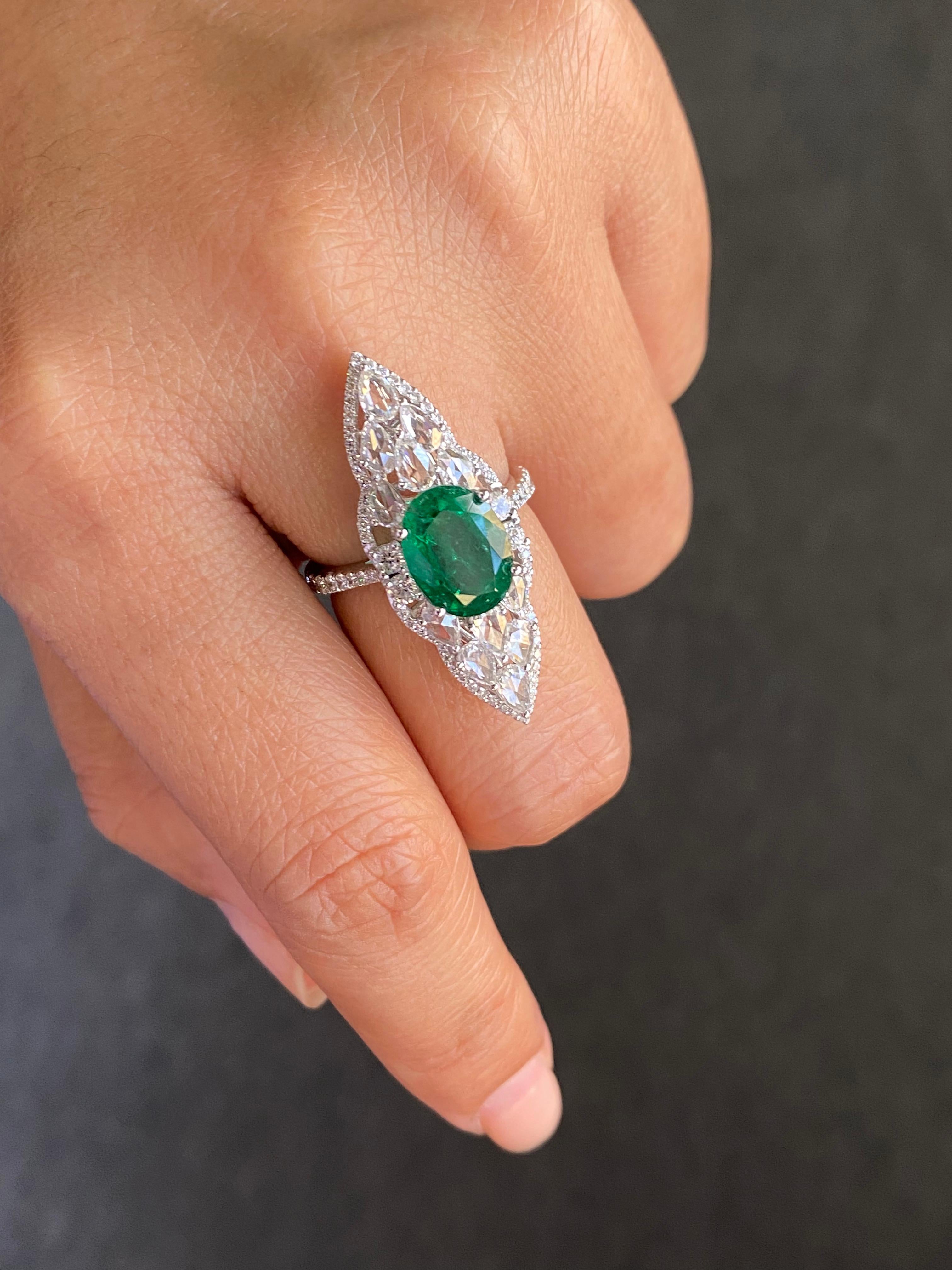 Emerald Cut Vivid 3.11 Carat Emerald and Rosecut Diamond Cocktail Ring in 18K White Gold For Sale
