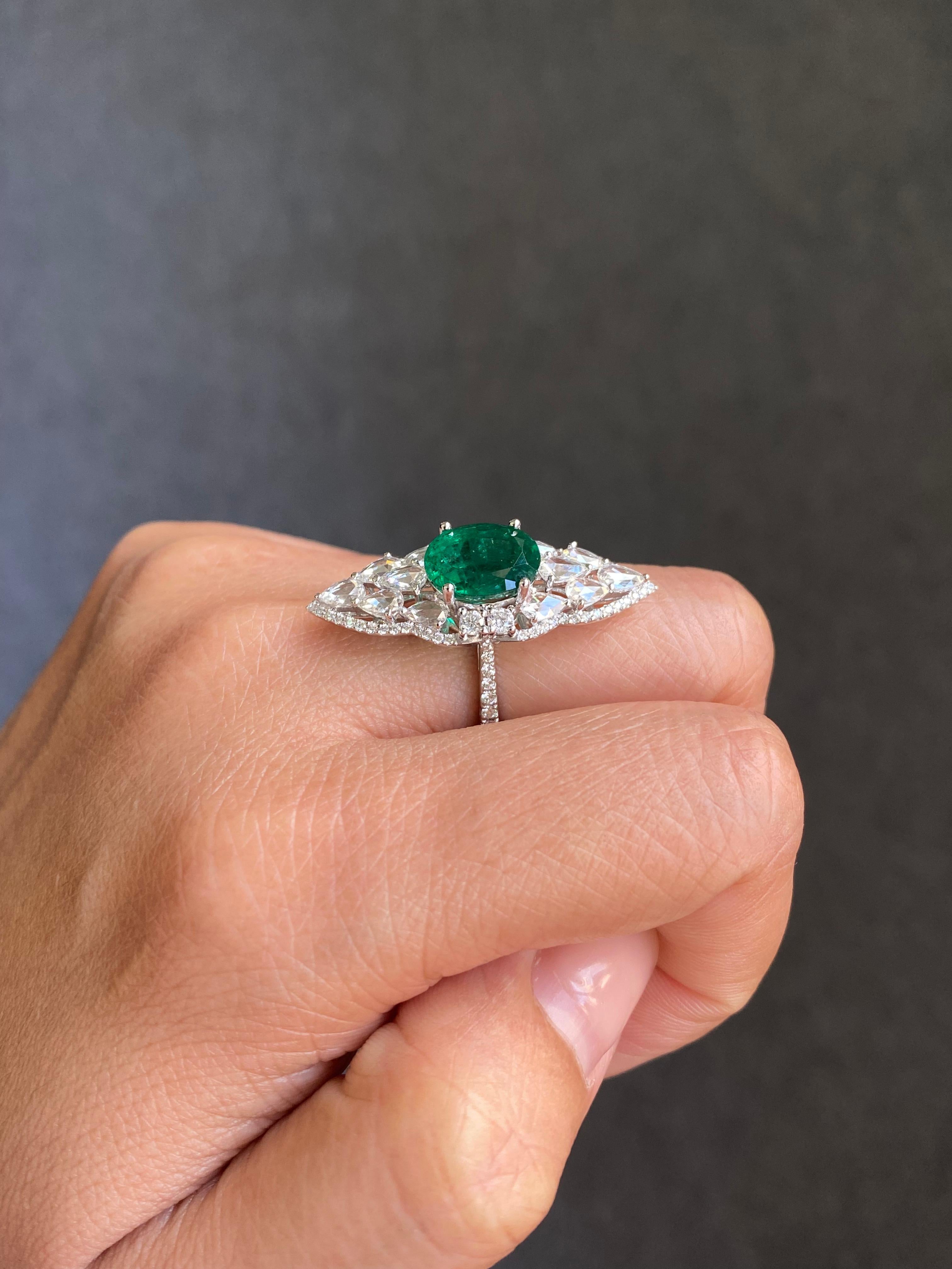 Women's Vivid 3.11 Carat Emerald and Rosecut Diamond Cocktail Ring in 18K White Gold For Sale