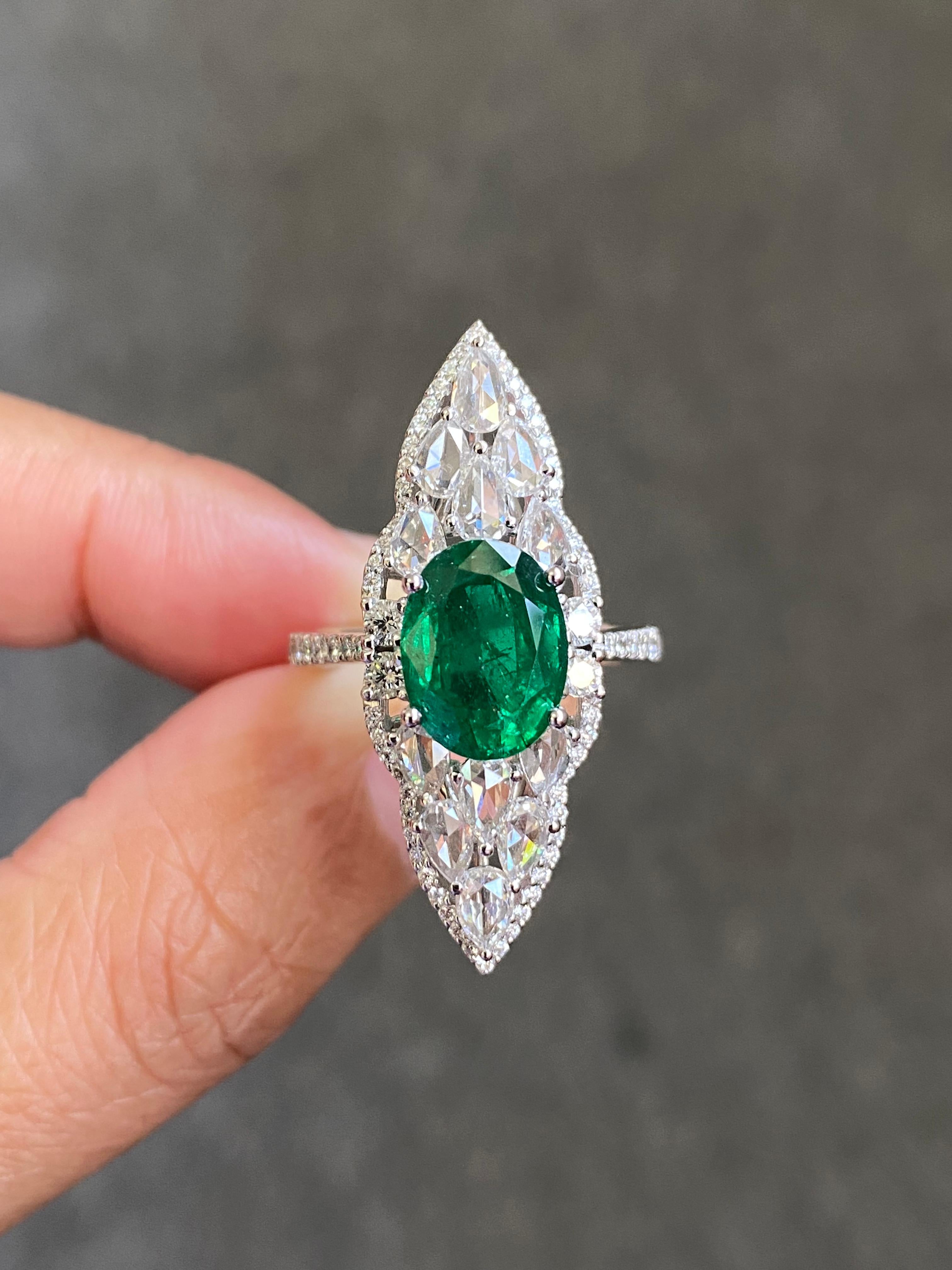 Vivid 3.11 Carat Emerald and Rosecut Diamond Cocktail Ring in 18K White Gold For Sale 1