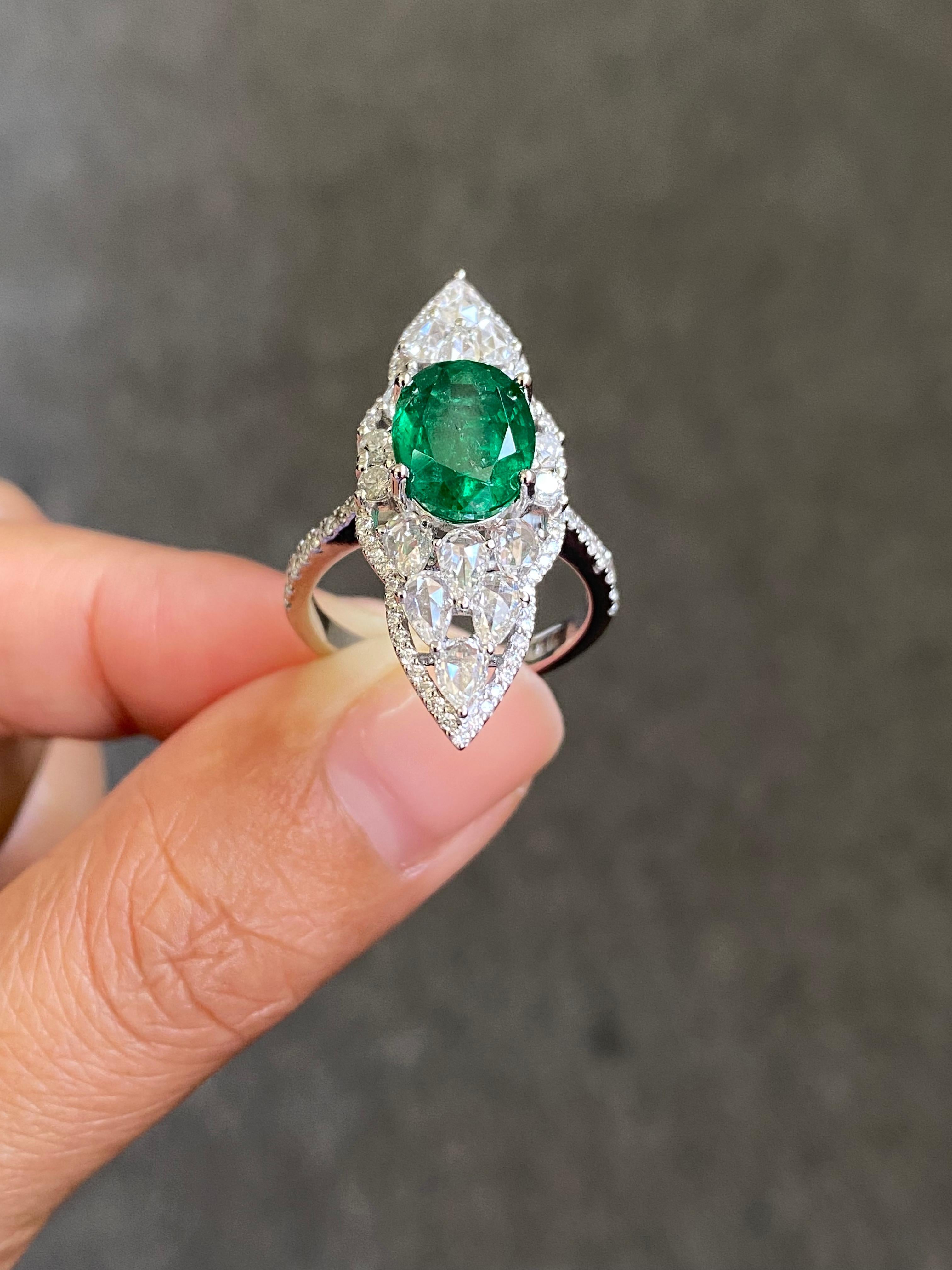 Vivid 3.11 Carat Emerald and Rosecut Diamond Cocktail Ring in 18K White Gold For Sale 3