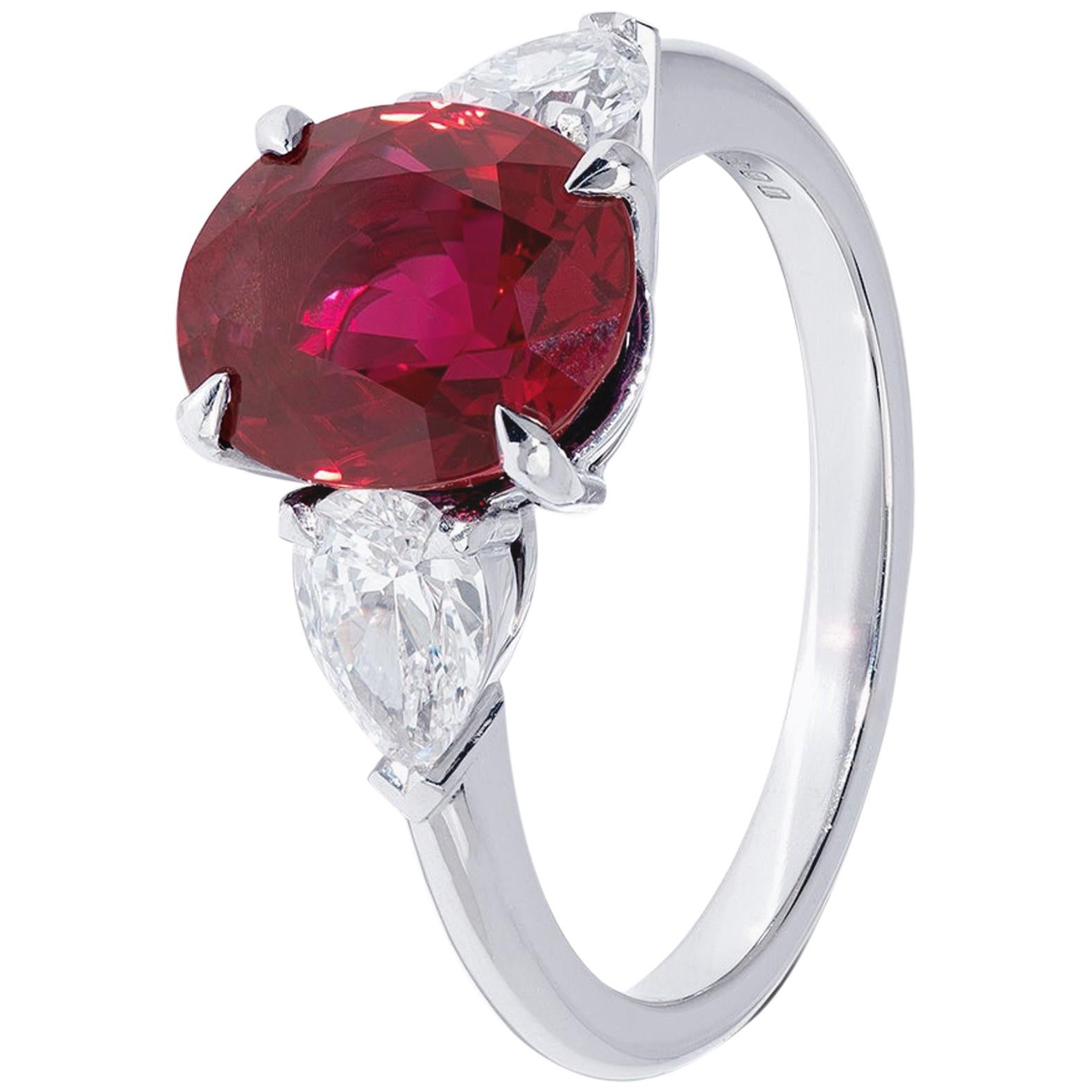 GRS Certified Vivid 3.17 Carat Red Ruby Ring with White Diamonds on Platinum