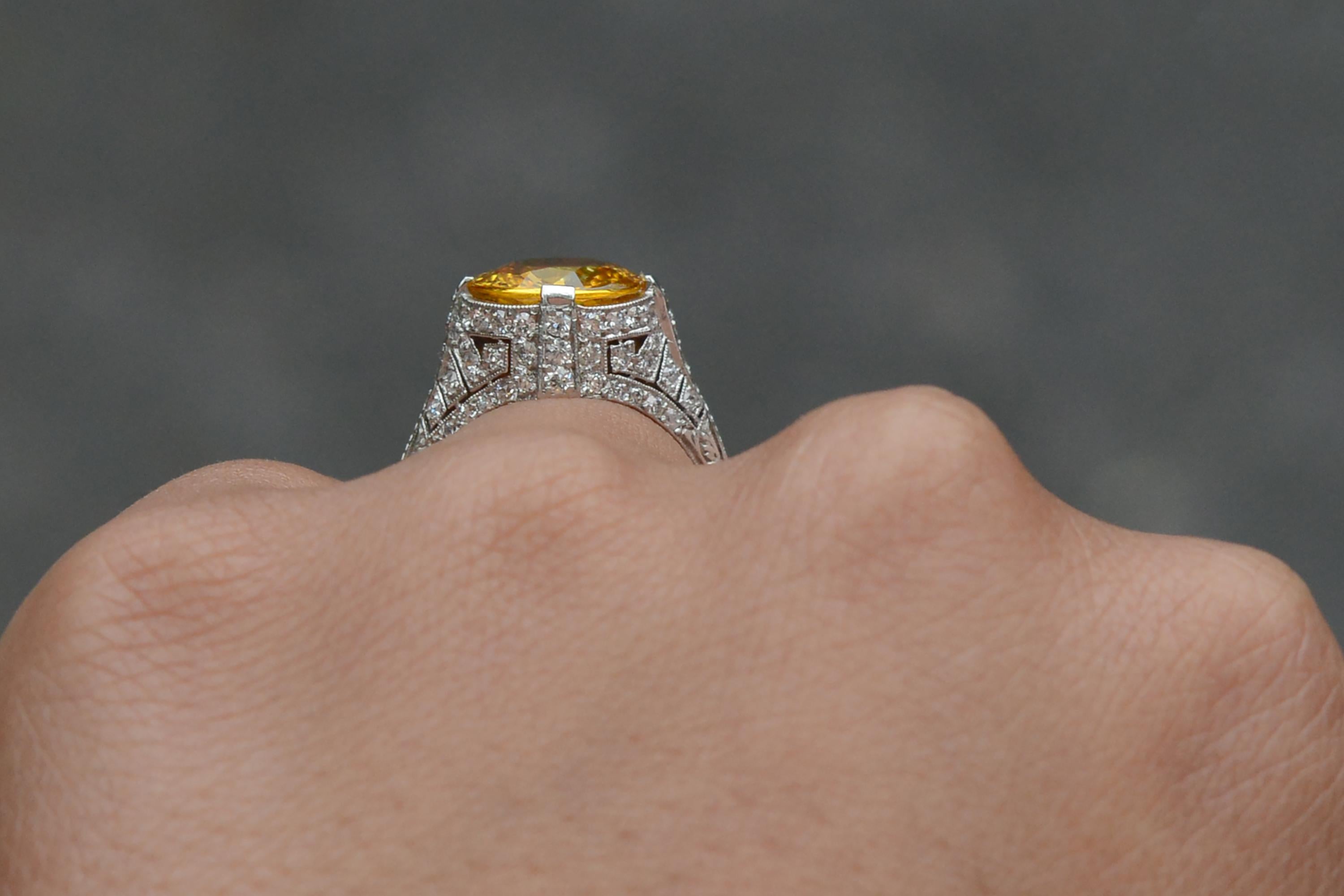 Round Cut Vivid 4 Carat Yellow Sapphire Art Deco Ring For Sale