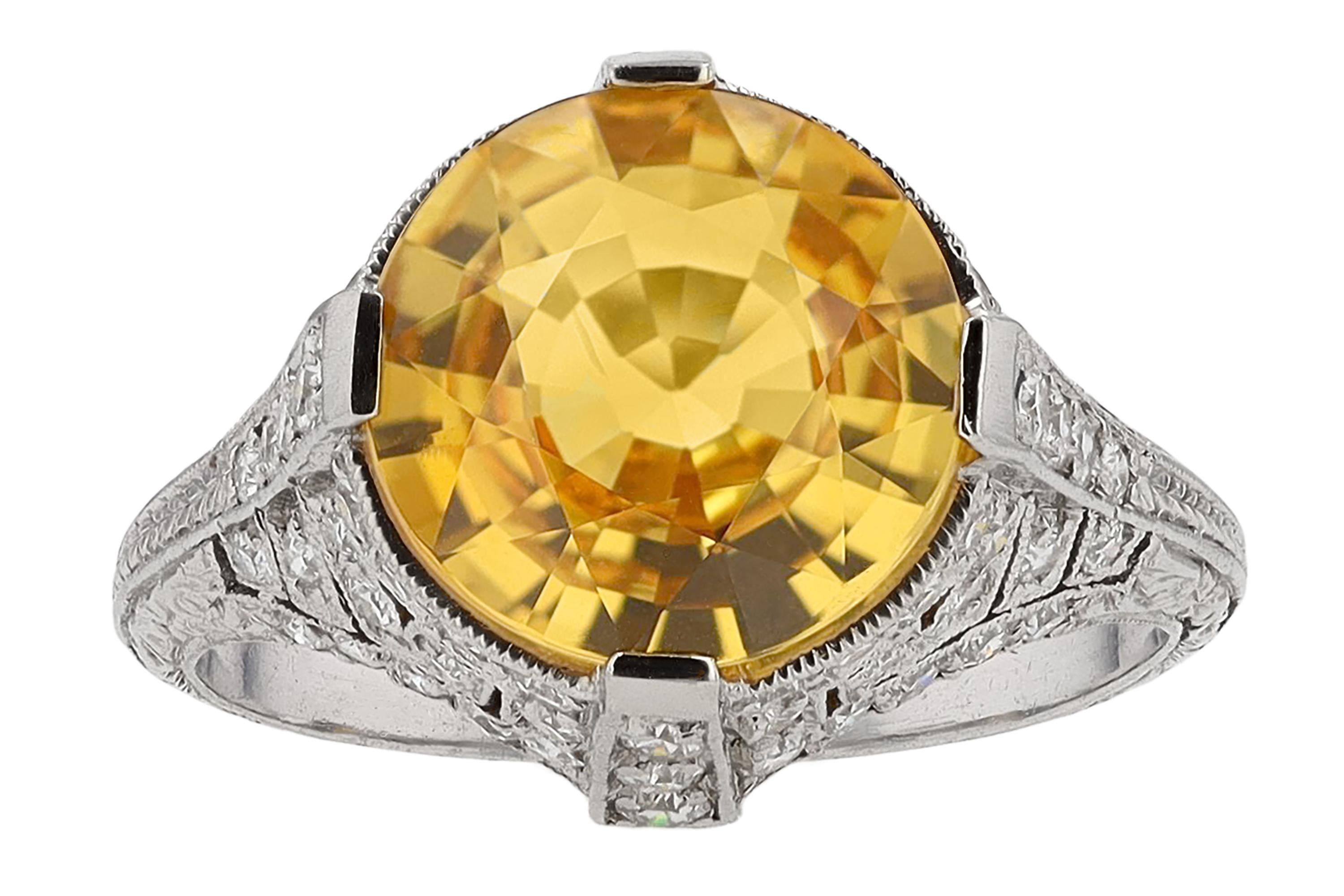 Vivid 4 Carat Yellow Sapphire Art Deco Ring In Good Condition For Sale In Santa Barbara, CA