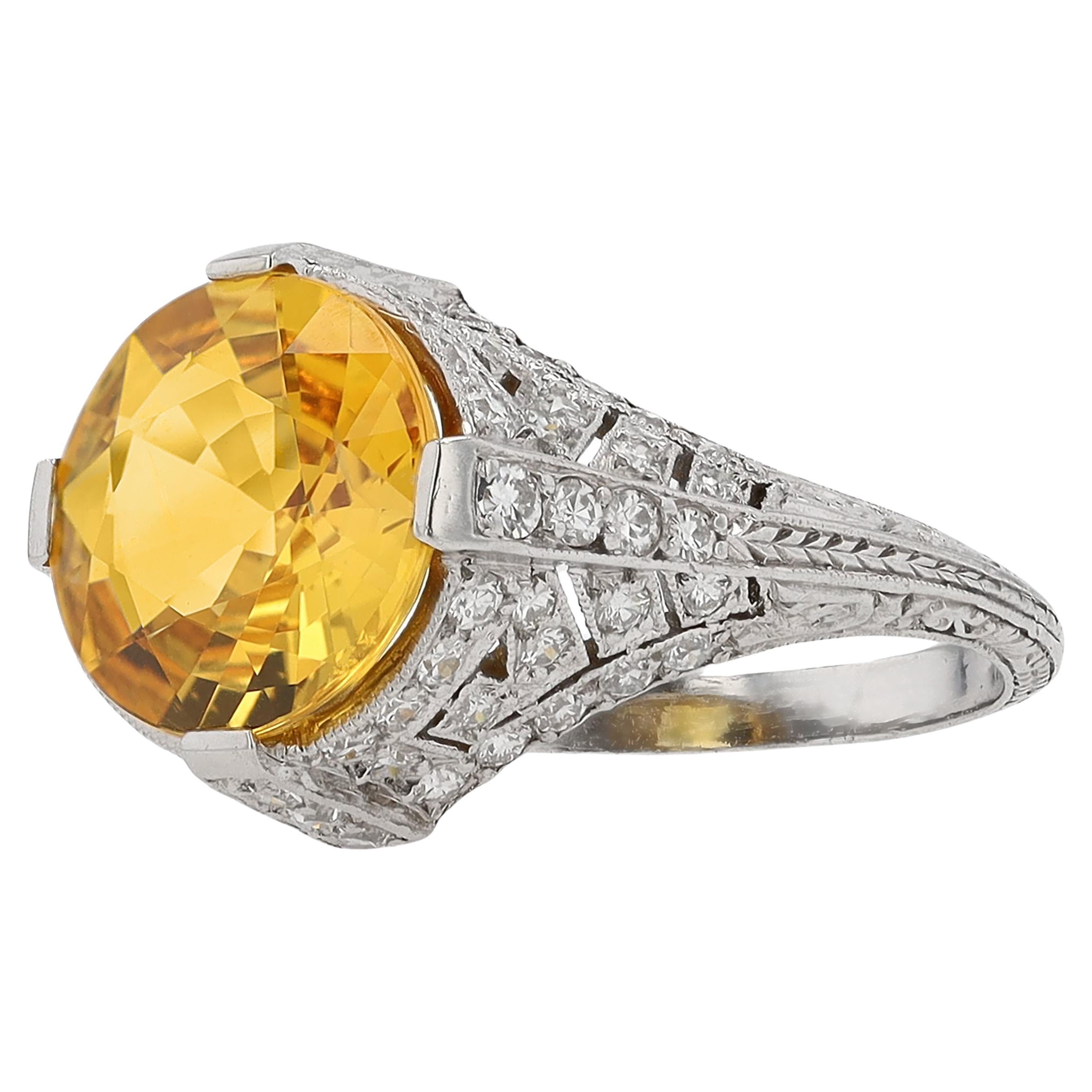 Vivid 4 Carat Yellow Sapphire Art Deco Ring For Sale