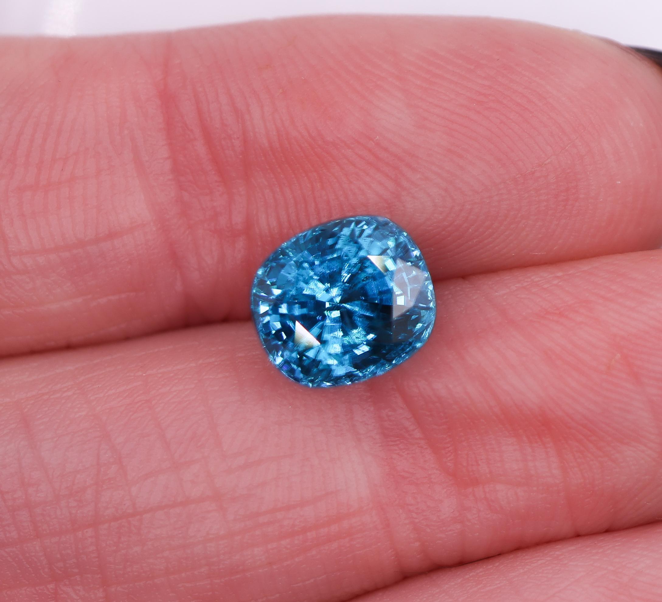 A gorgeous cushion shape blue zircon looking for it's next home. If you feel a sparkle of excitement seeing this gem and want to design a one of a kind piece of jewelry, let us know!

Cambodian Zircon is the perfect eco-friendly alternative to