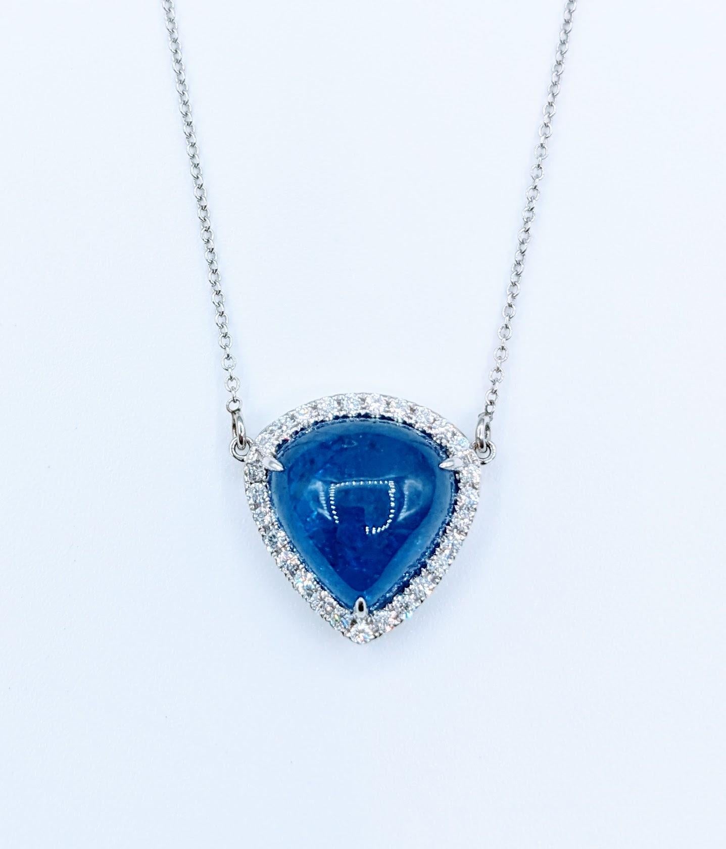Vivid 7.27ct Cabochon Tanzanite & Diamond Pendant Necklace For Sale 1