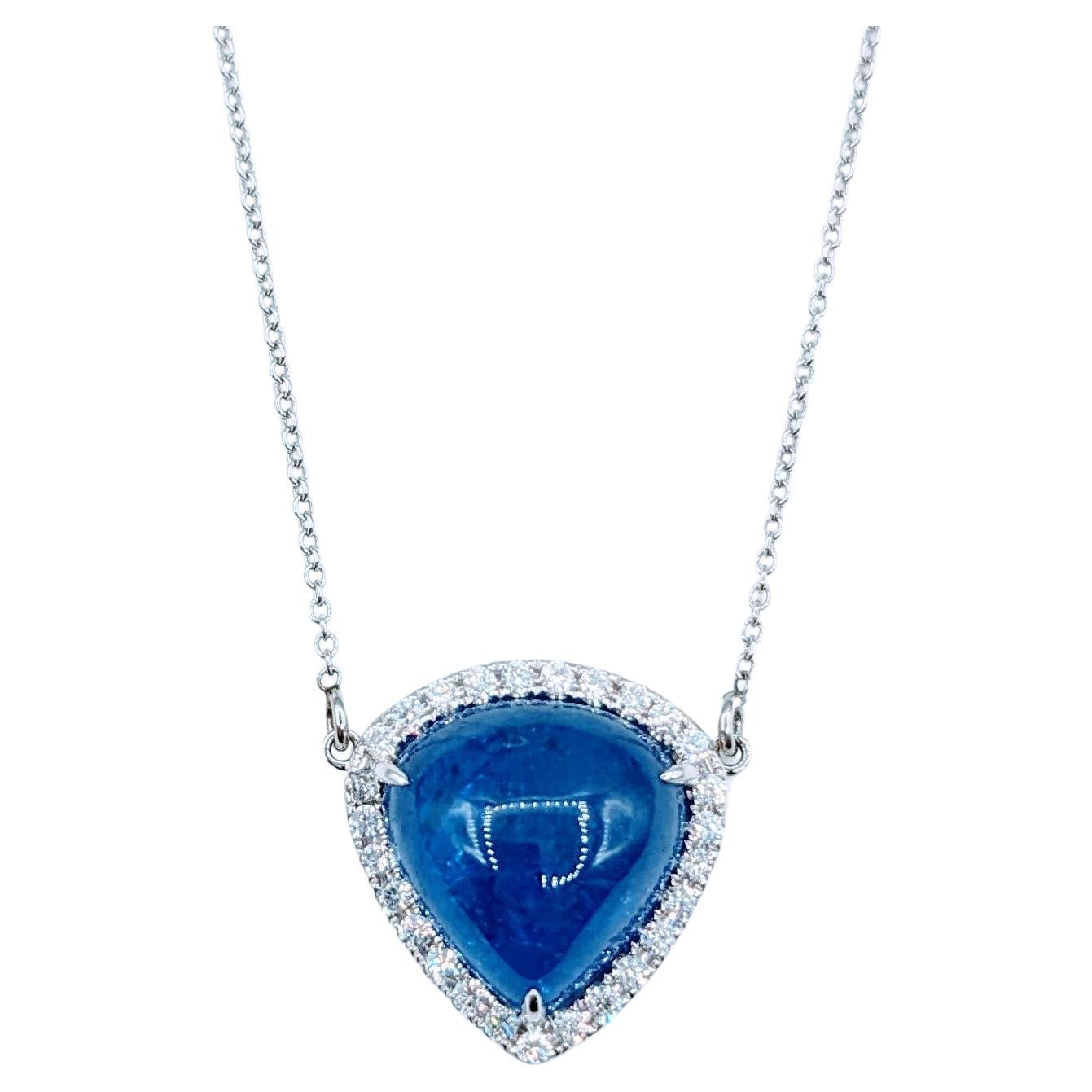 Vivid 7.27ct Cabochon Tanzanite & Diamond Pendant Necklace For Sale