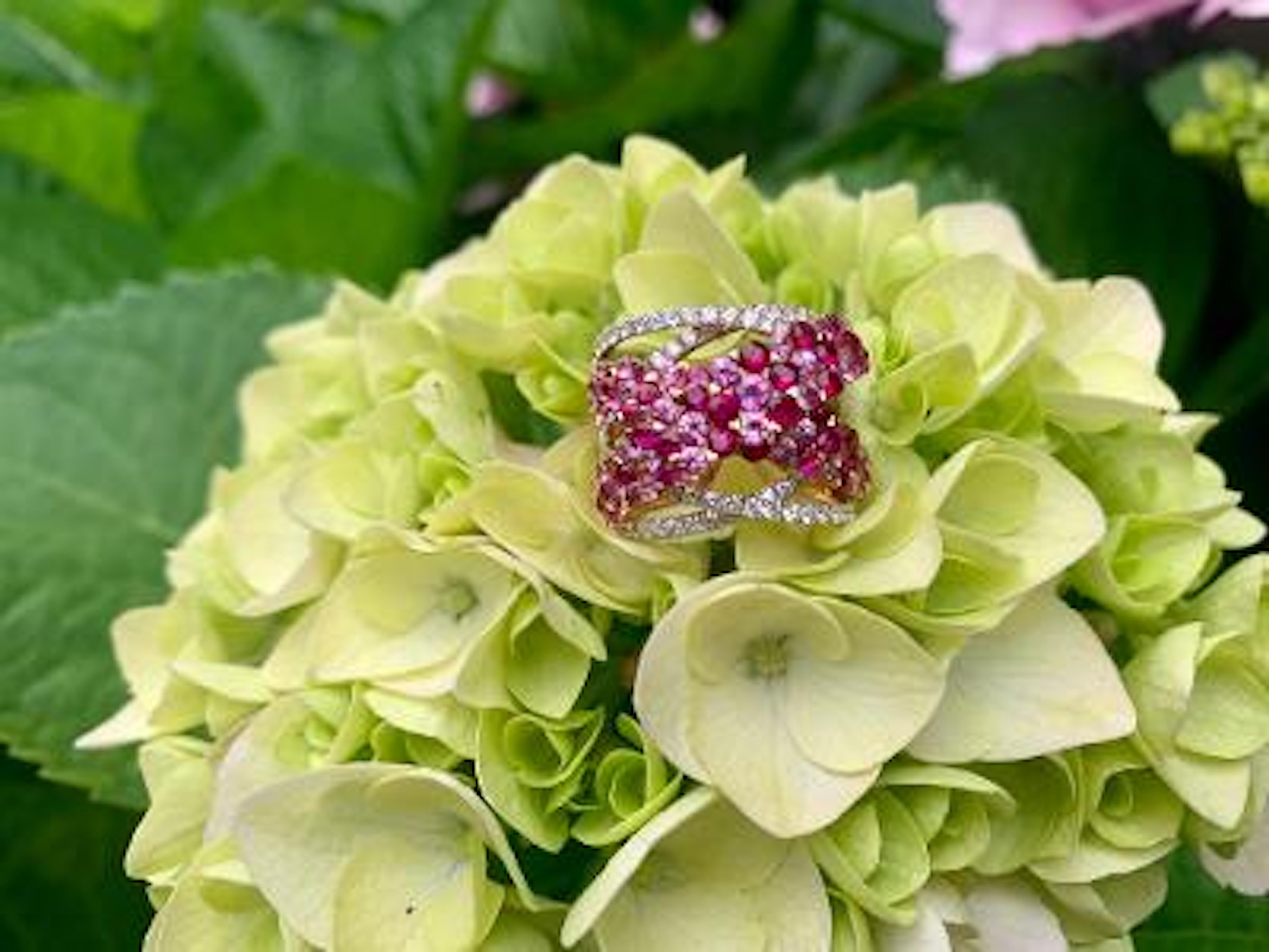 Striking and beautiful custom made 18 Karat rose gold band ring features the most vivid and sparkling rubies, pink sapphires and diamonds in an 