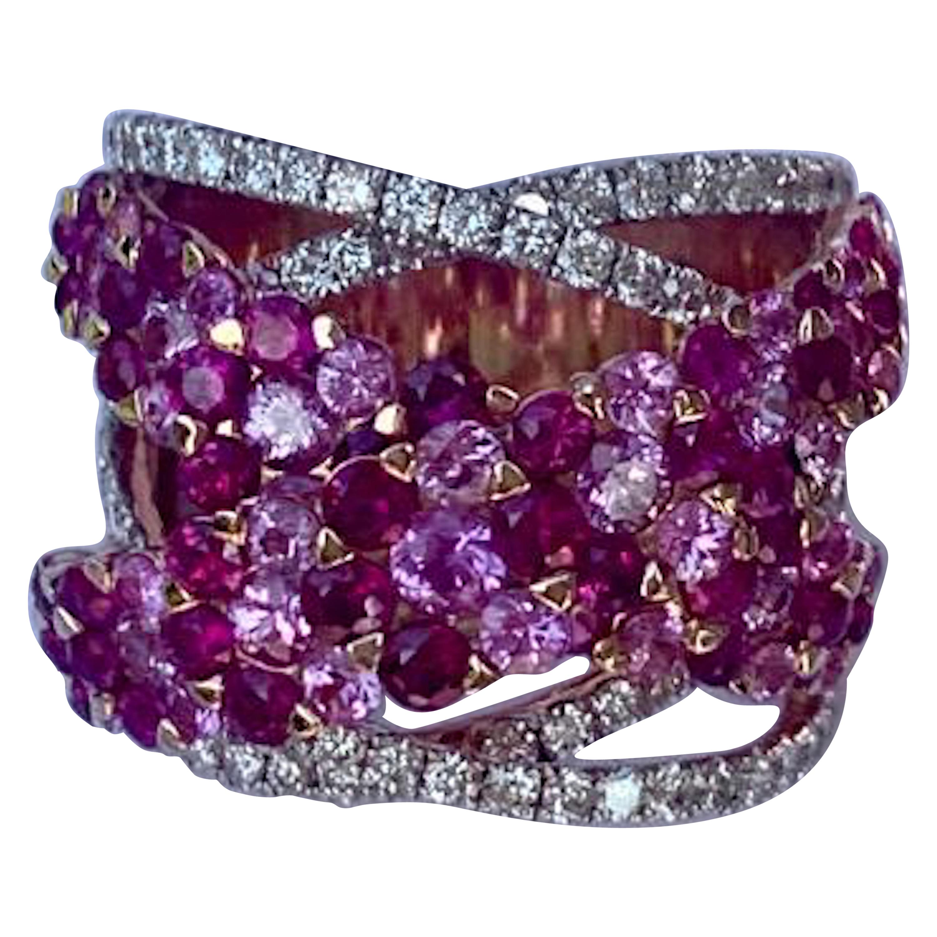 Vivid 7.31 Carat Ruby, Pink Sapphire, Diamond 18 Karat Rose Gold Love Band Ring