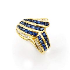 Vivid Baguette Sapphire Diamond Pompadour Stripe 18K Yellow Ring